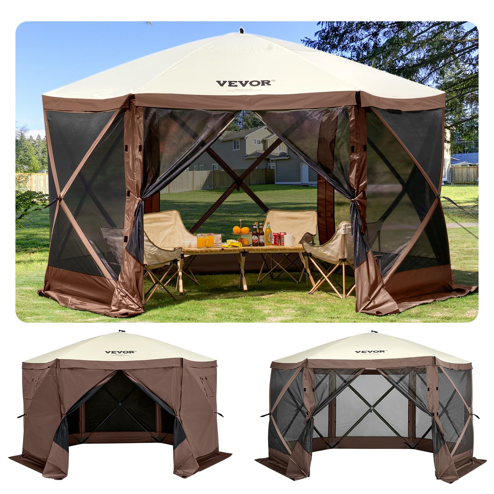 VEVOR Camping Gazebo Tent, 12'x12', 6 Sided Pop-up Canopy Screen Tent for 8 Person Camping, IPX3 Water-Resistant Screen Shelter w/Portable Storage Bag, Ground Stakes, Mesh Windows, Brown & Beige 🍁 All In One Marketplace Canada