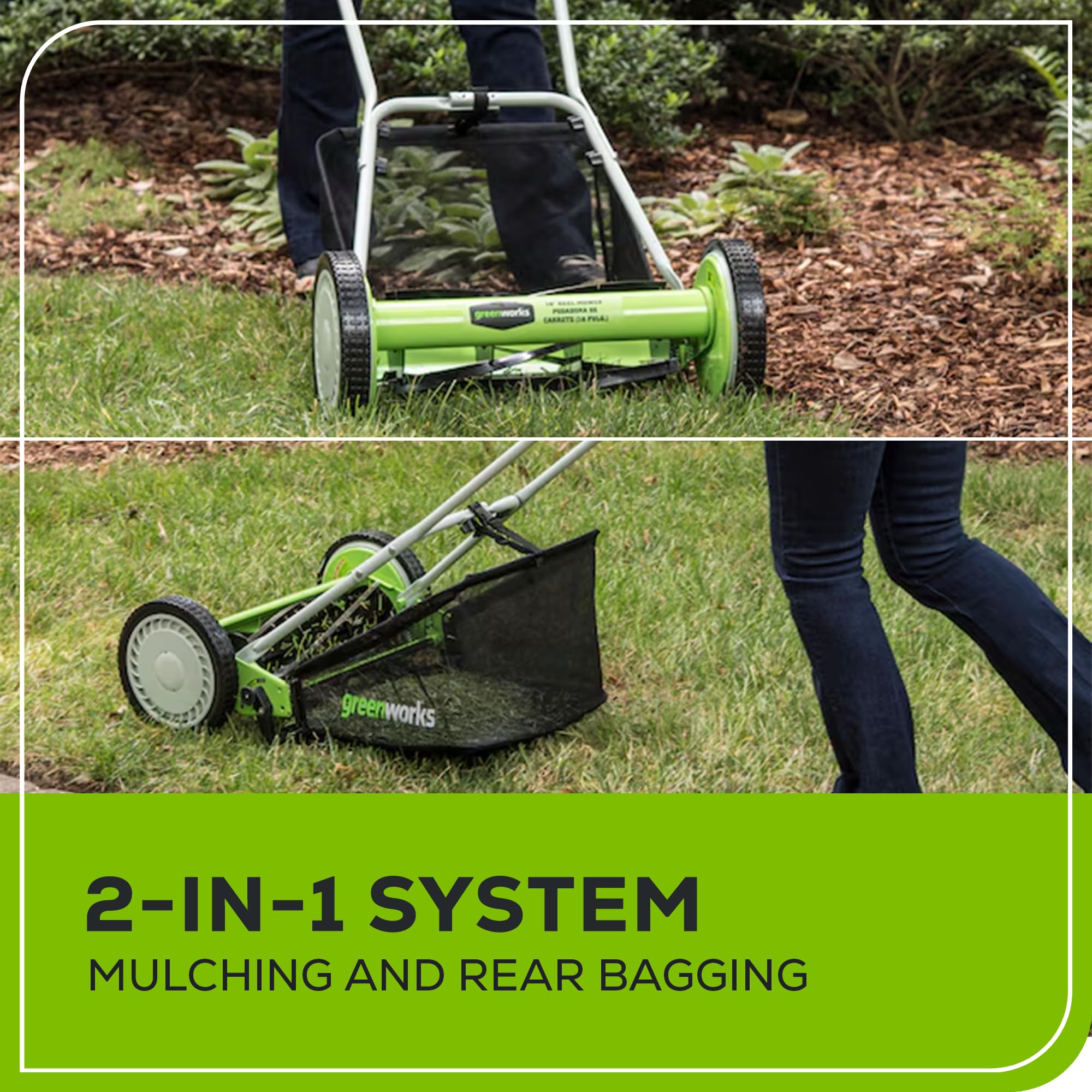 Greenworks 16-Inch Reel Lawn Mower with Grass Catcher 25052,Black/Green, 47