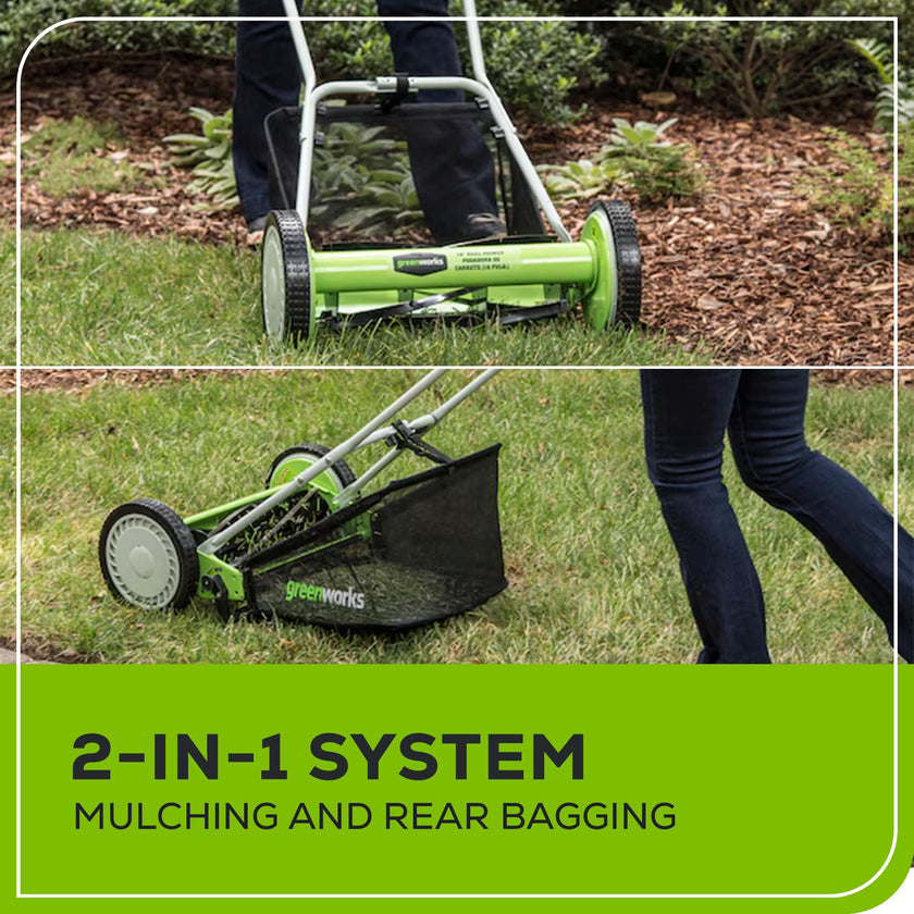 Greenworks 16-Inch Reel Lawn Mower with Grass Catcher 25052,Black/Green, 47