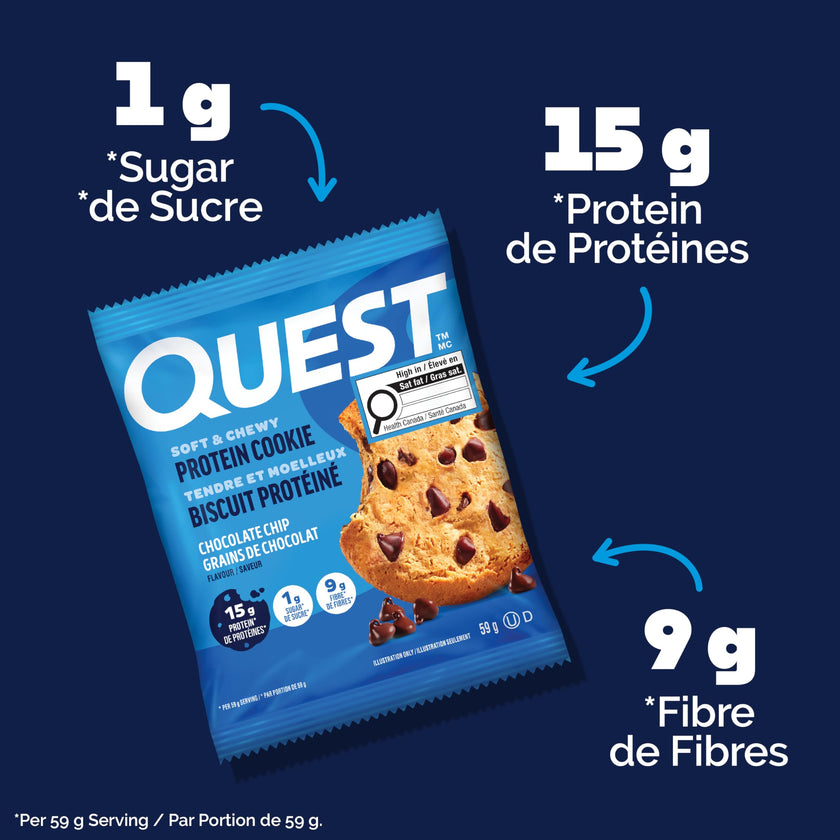 Quest Nutrition Chocolate Chip Protein Cookie, High Protein, High Fibre, Low Sugar, Keto Friendly, 15g Protein, 1g Sugar, 12ct 🍁 All In One Marketplace Canada