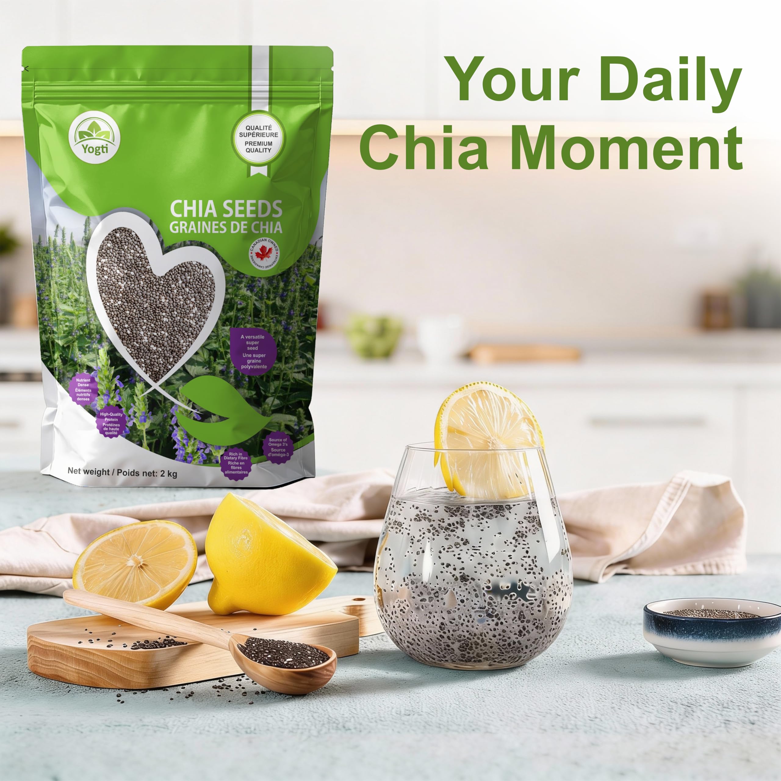 Yogti Black Chia Seeds - Jumbo Pack 2 Kilo, Raw Plant Based SuperFood, Natural, Keto Friendly, Kosher, Halal, Vegan, Source of Omega-3, Nutrient Dense, High Fiber, Rich in Magnesium, A Versatile Superseed for Smoothies, Baking, Salads, and Chia Pudding, R