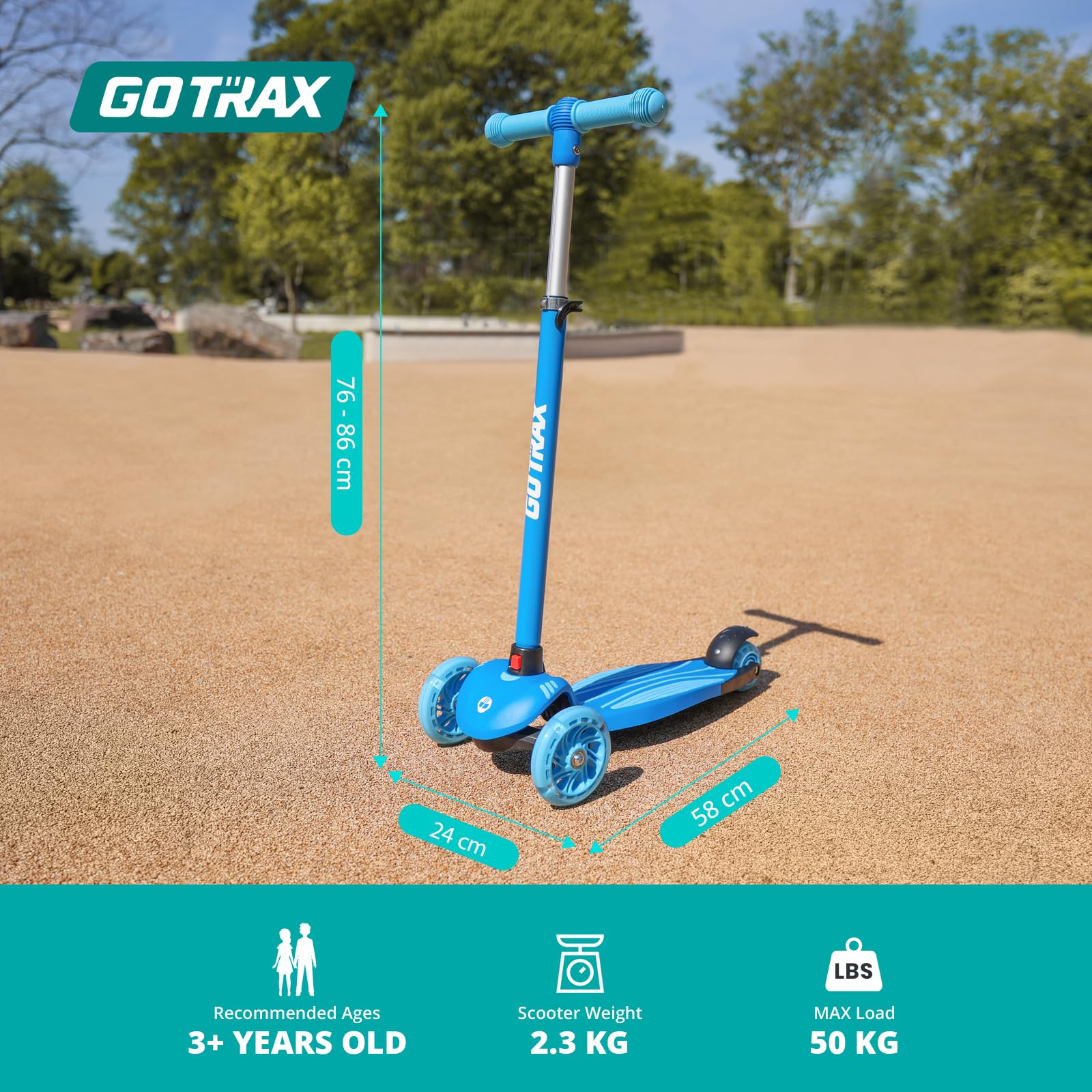 Gotrax KS1 Kids Kick Scooter, LED Lighted Wheels and 3 Adjustable Height Handlebars, Lean-to-Steer & Widen Anti-Slip Deck, 3 Wheel Scooter for Boys & Girls Ages 3+ and up to 50 Kg (Blue) 🍁 All In One Marketplace Canada