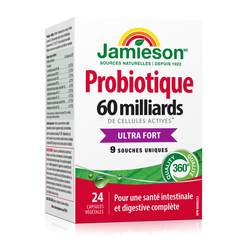 Jamieson Probiotic 60 Billion Active Cells, Ultra Strength, Supports Digestive Health and Intestinal Health. 9 Unique Strains, Including Lactobacillus and Bifidobacterium, Non-GMO, Gluten-Free, 24 Vegetarian capsules 🍁 All In One Marketplace Canada