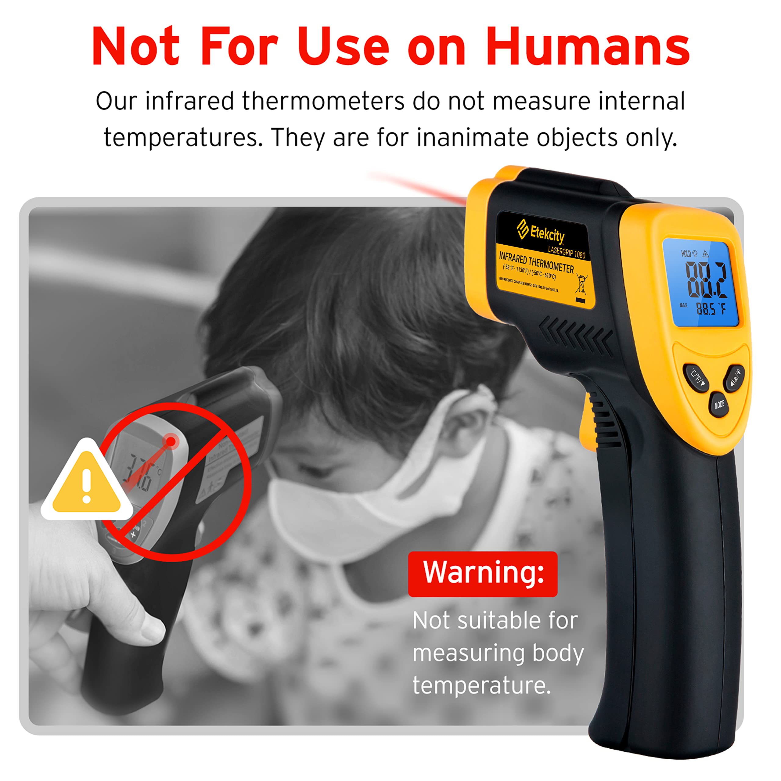 Etekcity Lasergrip 1080 Laser Thermometer Digital Infrared Thermometer Temperature Gun for Kitchen Cooking BBQ Grill and Bath Water, -58℉~1130℉ (-50℃～610℃), Yellow and Black 🍁 All In One Marketplace Canada