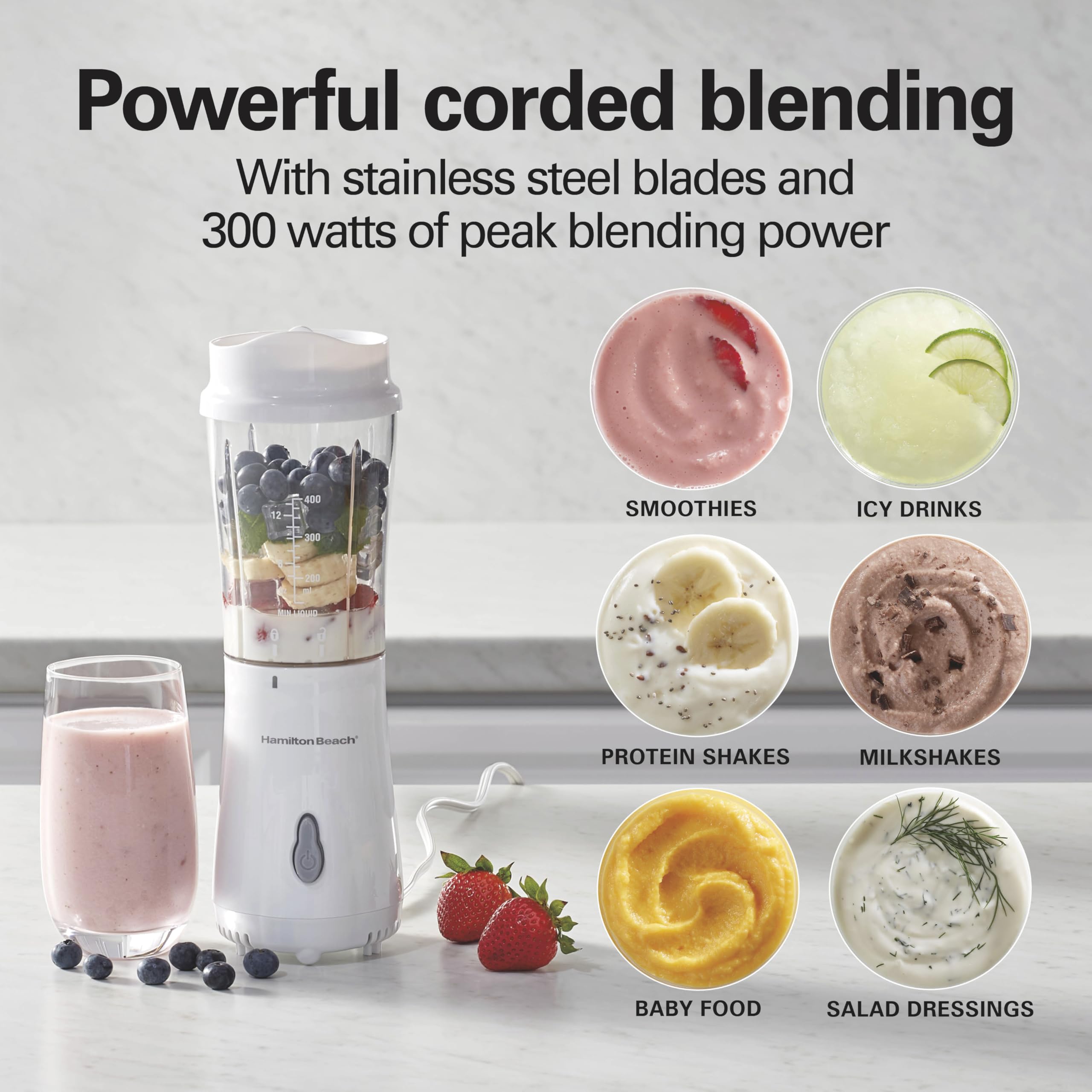 Hamilton Beach Personal Blender for Smoothies & Protein Shakes, Portable Single Serve Blender with 2 Travel Jars & Lids, 14 oz BPA-Free Cups, Stainless Steel Blades, 300W, White, 51102G 🍁 All In One Marketplace Canada