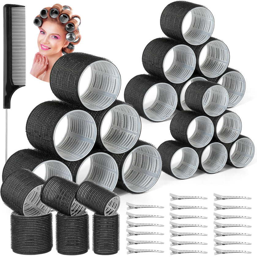 39PCS Self Grip Hair Rollers Curlers 3 Sizes Black Hair Roller 2.5in, 1.9in, 1.4in, Jumbo Hair Roller with 12PCS Duckbill Clips Hair Rollers for Long Medium Short Thick Fine Volume Bangs Hair 🍁 All In One Marketplace Canada