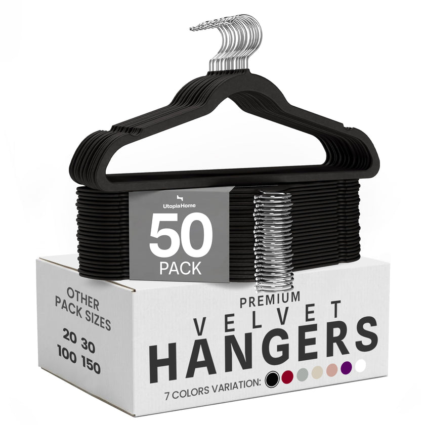 Utopia Home Velvet Hangers 50 Pack, Heavy Duty, Non-Slip, Space Saving Felt Clothes Hangers with 360° Hook & Notches (Black) 🍁 All In One Marketplace Canada