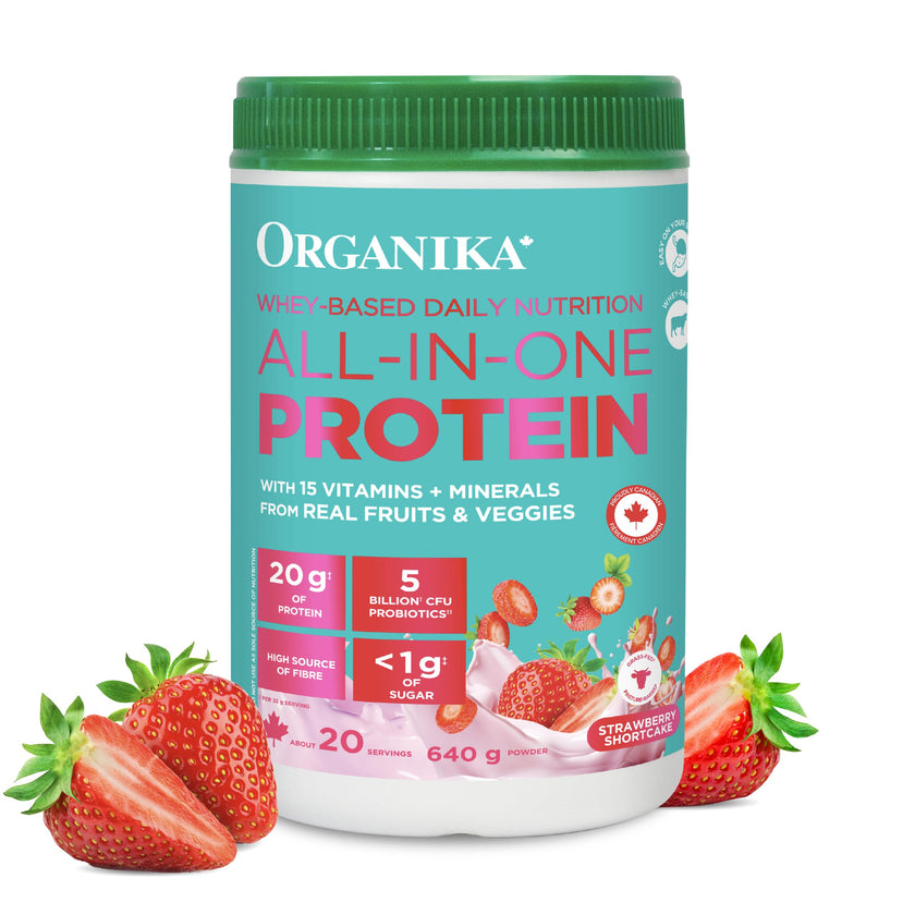 Organika All-in-One Strawberry Shortcake Protein Powder with 20g Protein,15 Vitamins & Minerals from Real Fruits & Veggies,5 Billion CFU Probiotics,4g Prebiotic Fiber, Digestive Enzymes,1g Sugar- 640g 🍁 All In One Marketplace Canada