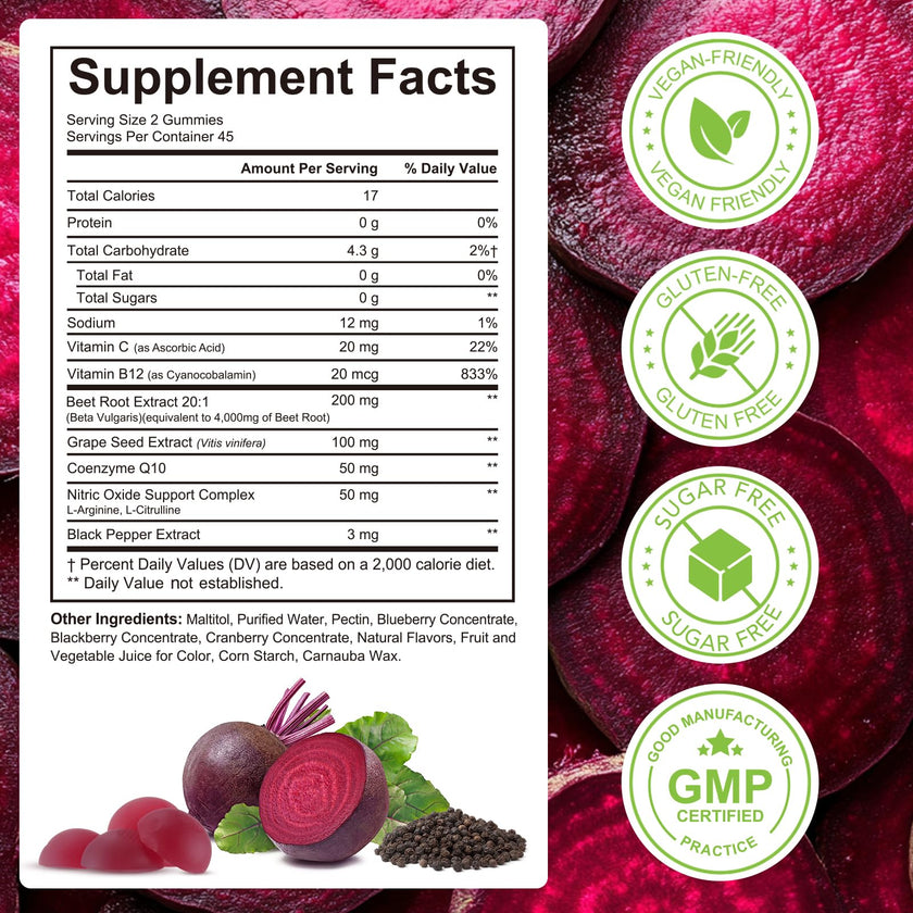 Beetroot Gummies, 90 Count - Non-GMO Beet Root Supplement for Healthy Circulation & Energy - Natural Vegan Fruit Flavor 🍁 All In One Marketplace Canada