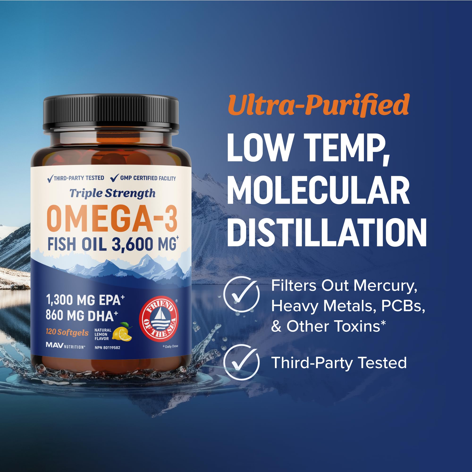 Triple Strength Omega 3 Fish Oil | 120 Softgels | 3600 mg Fish Oil | Over 2100mg of Omega-3 Fatty Acids | Heart and Cognitive Support | 1300mg EPA + 860mg DHA | Wild Caught & Burpless | 120 Ct 🍁 All In One Marketplace Canada