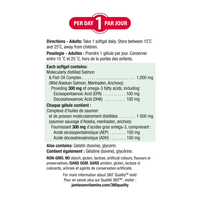 Jamieson Salmon and Fish Oil 1,000 mg Softgels, Bonus Size, Supports Heart and Brain Health. With Wild Salmon, EPA and DHA, Non-GMO, Gluten-Free, 200 Count, Proudly Canadian 🍁 All In One Marketplace Canada