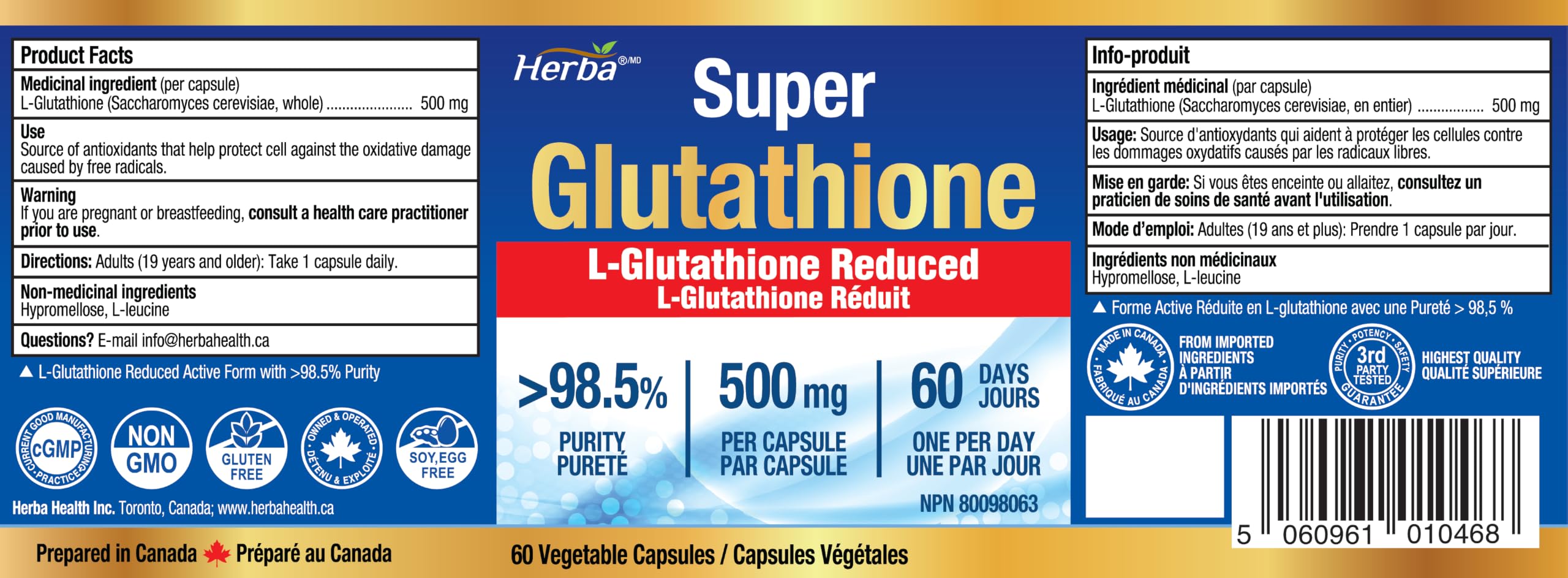 Herba Glutathione Supplement 500mg - 60 Vegetable Capsules | L Glutathione Reduced Active Form | Super Glutathione 500mg Capsule for Antioxidants | >98.5% Purity | Made in Canada 🍁 All In One Marketplace Canada