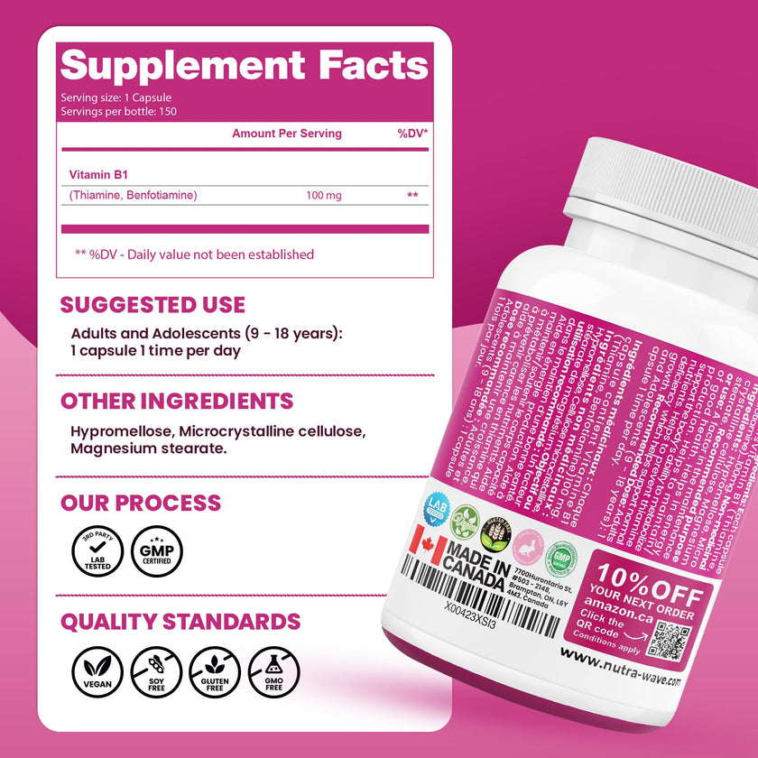 Nutrawave PURE *BONUS SIZE* 150 capsules HIGHEST POTENCY Benfotiamine Complex – 100mg, Thiamine B1 Supplement, Increased Energy, Nerve Support, All-Natural, Vegan, Gluten Free. 5-month supply 🍁 All In One Marketplace Canada
