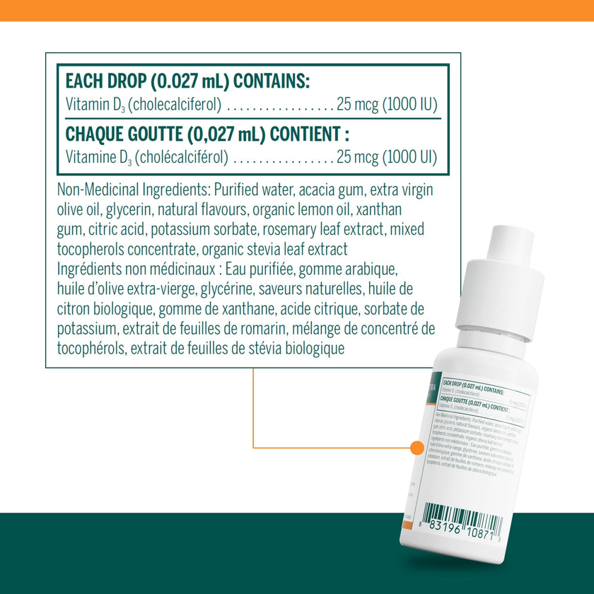 Genestra Brands D-Mulsion 1000 IU - Liquid Vitamin D3 - For Healthy Bones & Teeth - Immune Function Support - Non-GMO, Gluten Free & Dairy Free - 30 mL - Natural Lemon Flavour 🍁 All In One Marketplace Canada
