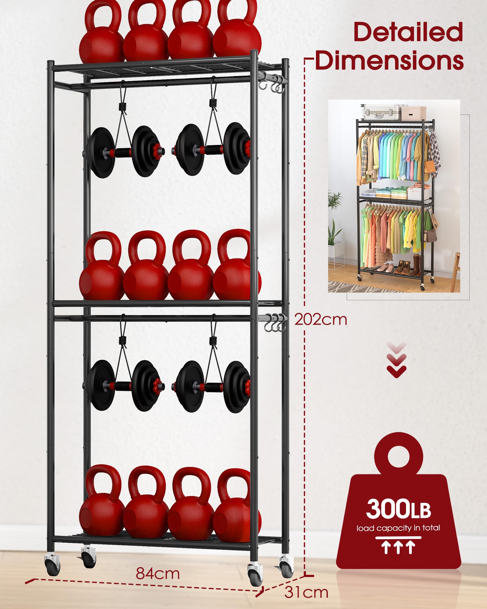 Sakugi Clothing Rack - Coat Rack with Shelves & Wheels, Multi-Functional Clothes Rack with Hooks, Sturdy Metal Garment Shelf for Bedroom, Laundry, Balcony, 84W × 31D × 202H cm, Black 🍁 All In One Marketplace Canada
