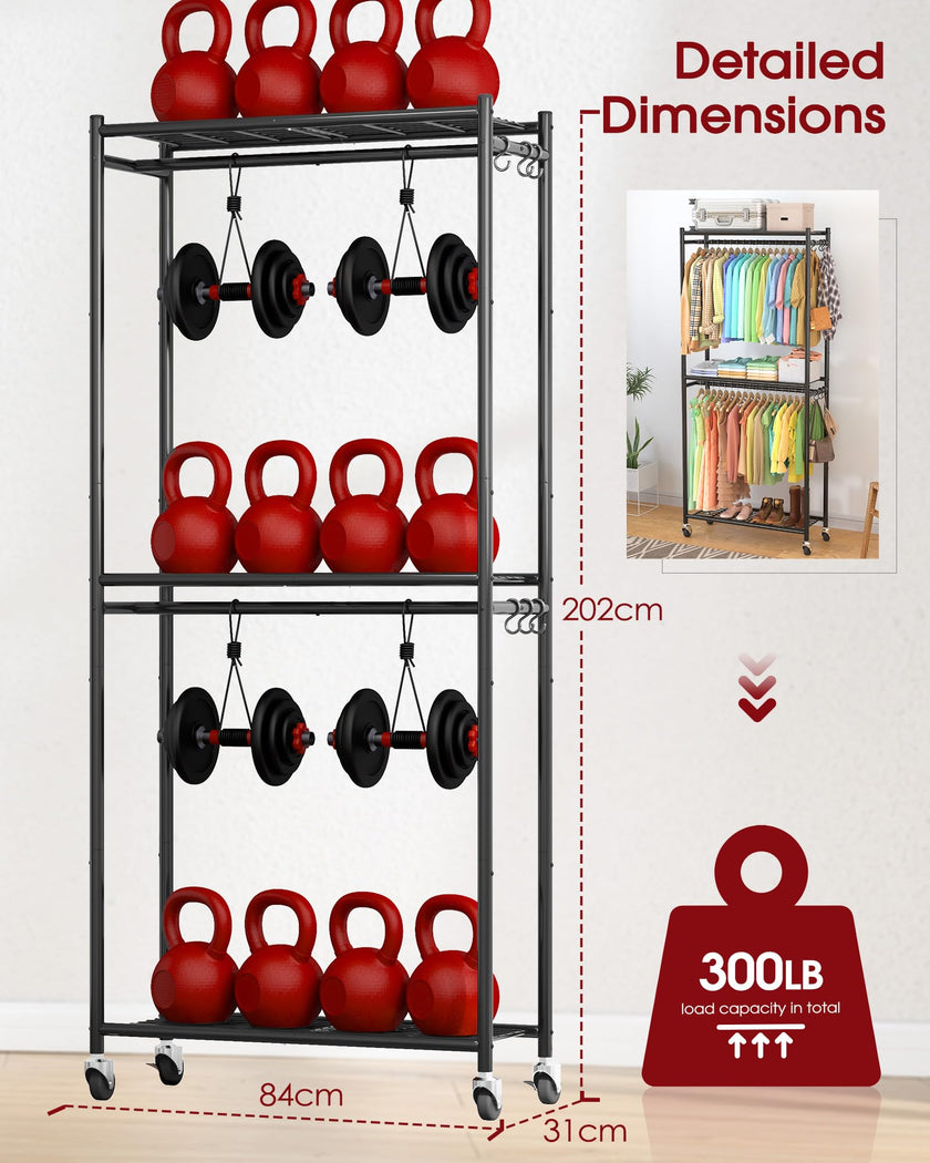 Sakugi Clothing Rack - Coat Rack with Shelves & Wheels, Multi-Functional Clothes Rack with Hooks, Sturdy Metal Garment Shelf for Bedroom, Laundry, Balcony, 84W × 31D × 202H cm, Black 🍁 All In One Marketplace Canada