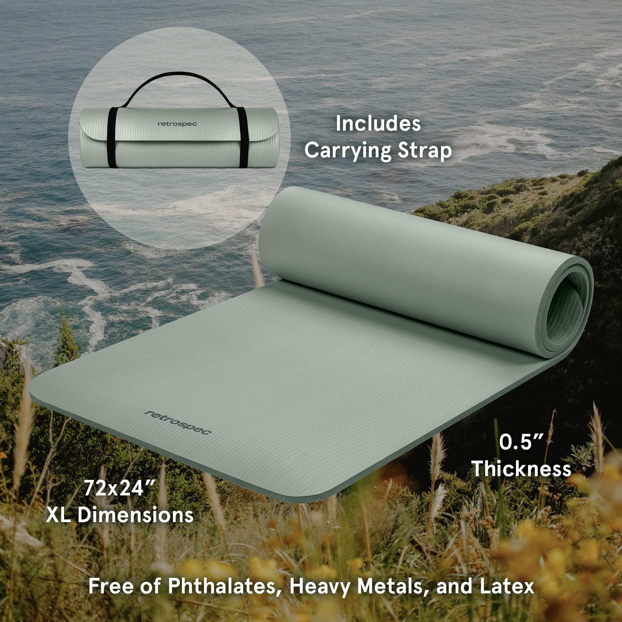 Retrospec Solana Yoga Mat 1/2 inch Thick w/Nylon Strap for Men & Women - Non Slip Excercise Mat for Yoga, Pilates, Stretching, Floor & Fitness Workouts, Sage 🍁 All In One Marketplace Canada
