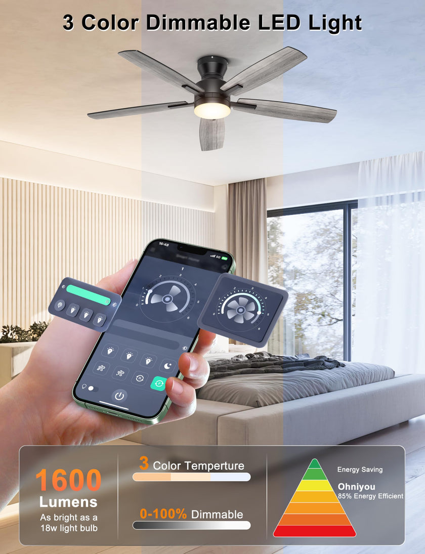 Ohniyou 52'' Ceiling Fan with Lights: Smart Fan with remote & APP Control - Low Profile Ceiling Fan with Quiet Performance - Flush Mount Outdoor Ceiling Fan (Black) 🍁 All In One Marketplace Canada