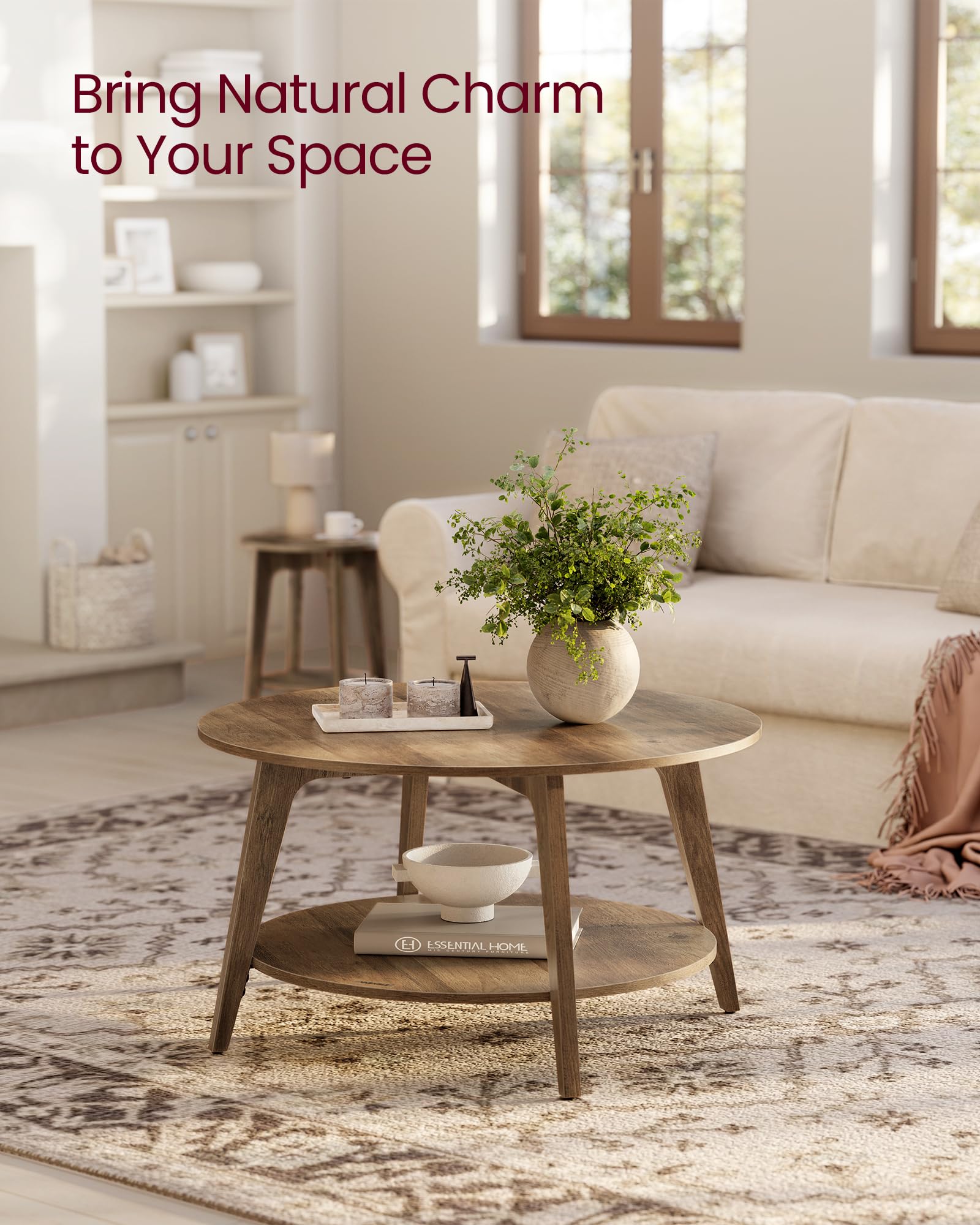 VASAGLE MAEZO Collection - Round Coffee Table, 2-Tier Center Table with Storage, Tapered Legs, Curved Transitions, 80 x 45 cm, Easy Assembly, for Living Room, Honey Brown ULCT243K41 🍁 All In One Marketplace Canada
