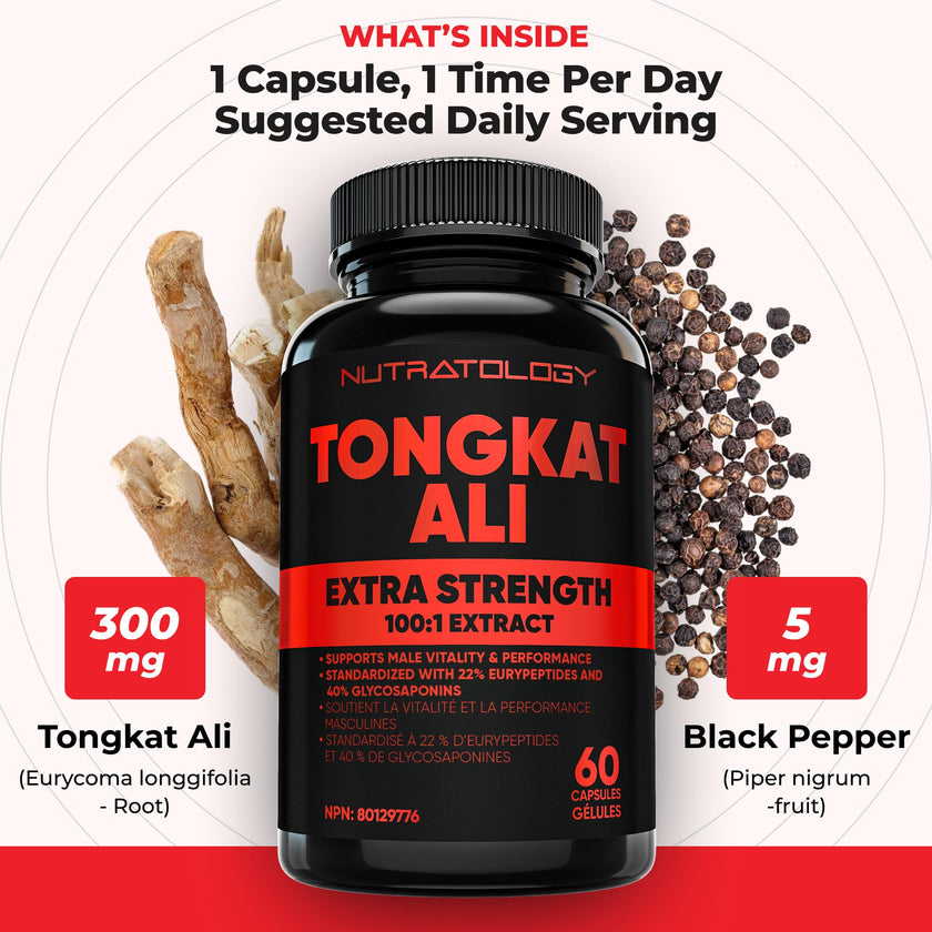 Nutratology® Tongkat Ali Supplement For Men | Canadian Made | 100:1 Extra Strength Tongkat Ali Extract + Black Pepper | Supports Male Vitality & Performance | 60 Capsules 🍁 All In One Marketplace Canada