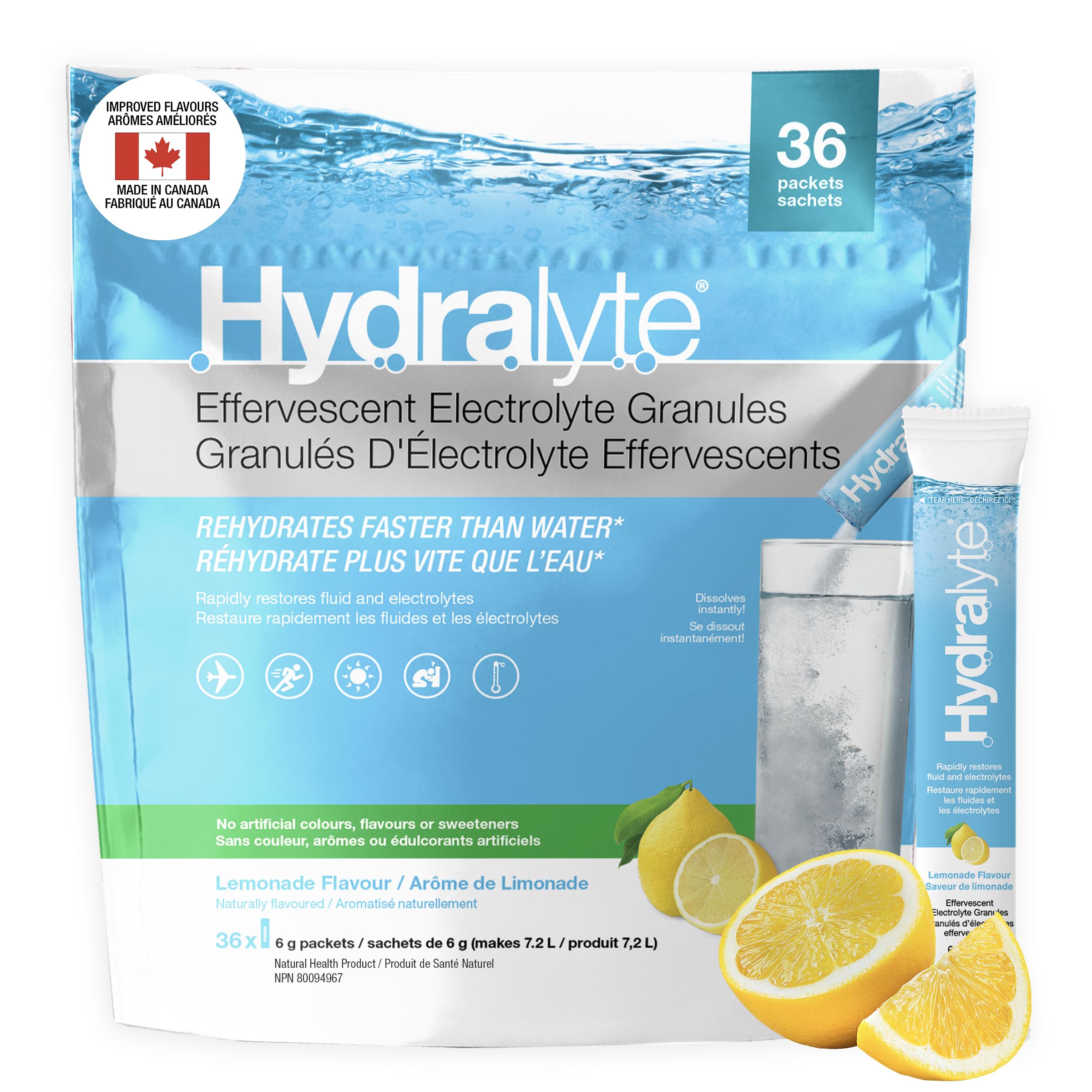 HydraLyte Electrolyte Powder, Low Sugar Electrolyte Packets Designed for Rapid Hydration, Safe Hydration for All Ages - Made with All Natural Ingredients, 36 Servings, Lemonade Flavour 🍁 All In One Marketplace Canada
