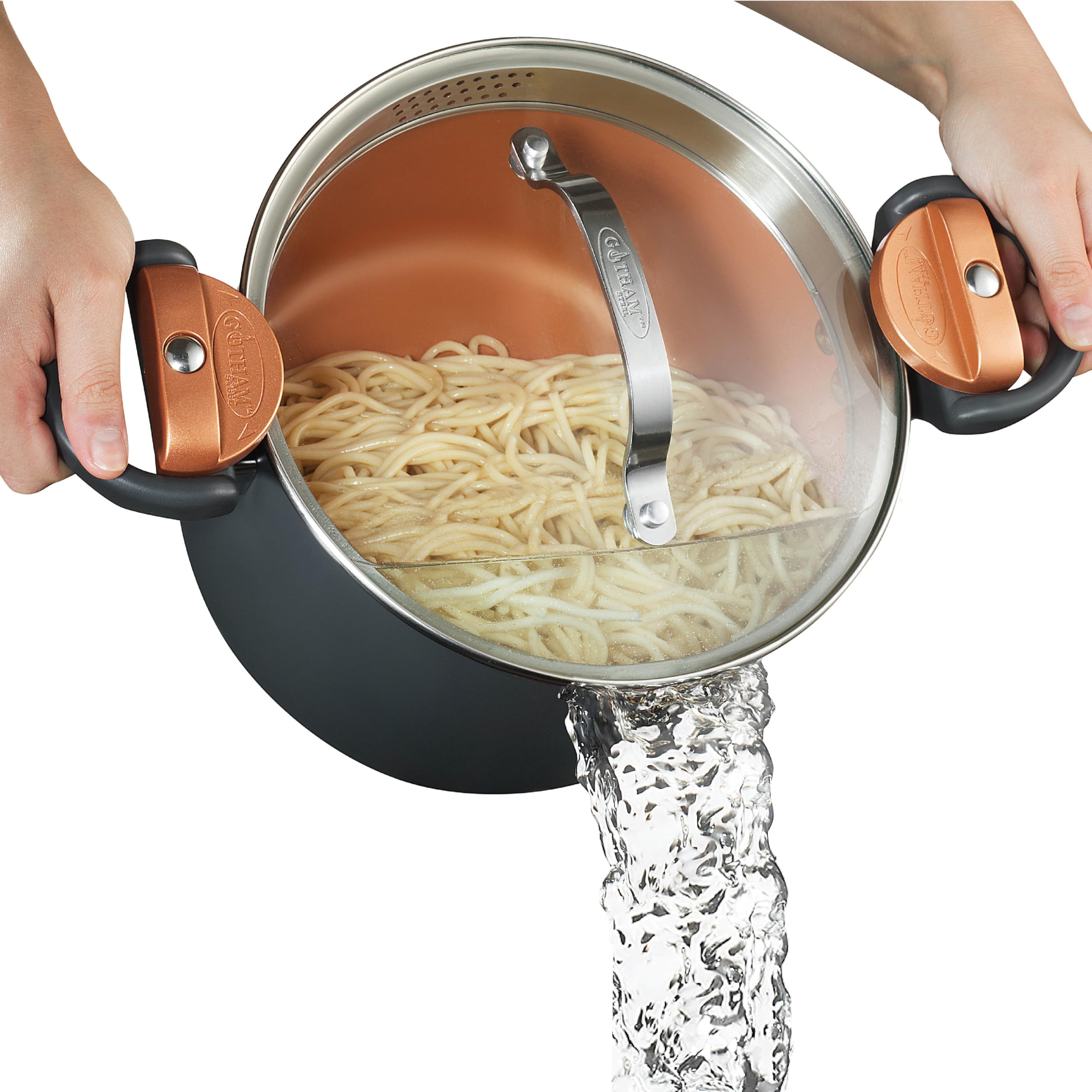 Gotham Steel 5 Quart Stock Pot with Strainer Lid, Nonstick Coated Ceramic Pot, Soup Pot, Pasta Pot with Strainer Insert, Cooking Pot with Lid and Twist Lock Handles, Dishwasher Safe, 100% Toxin Free 🍁 All In One Marketplace Canada
