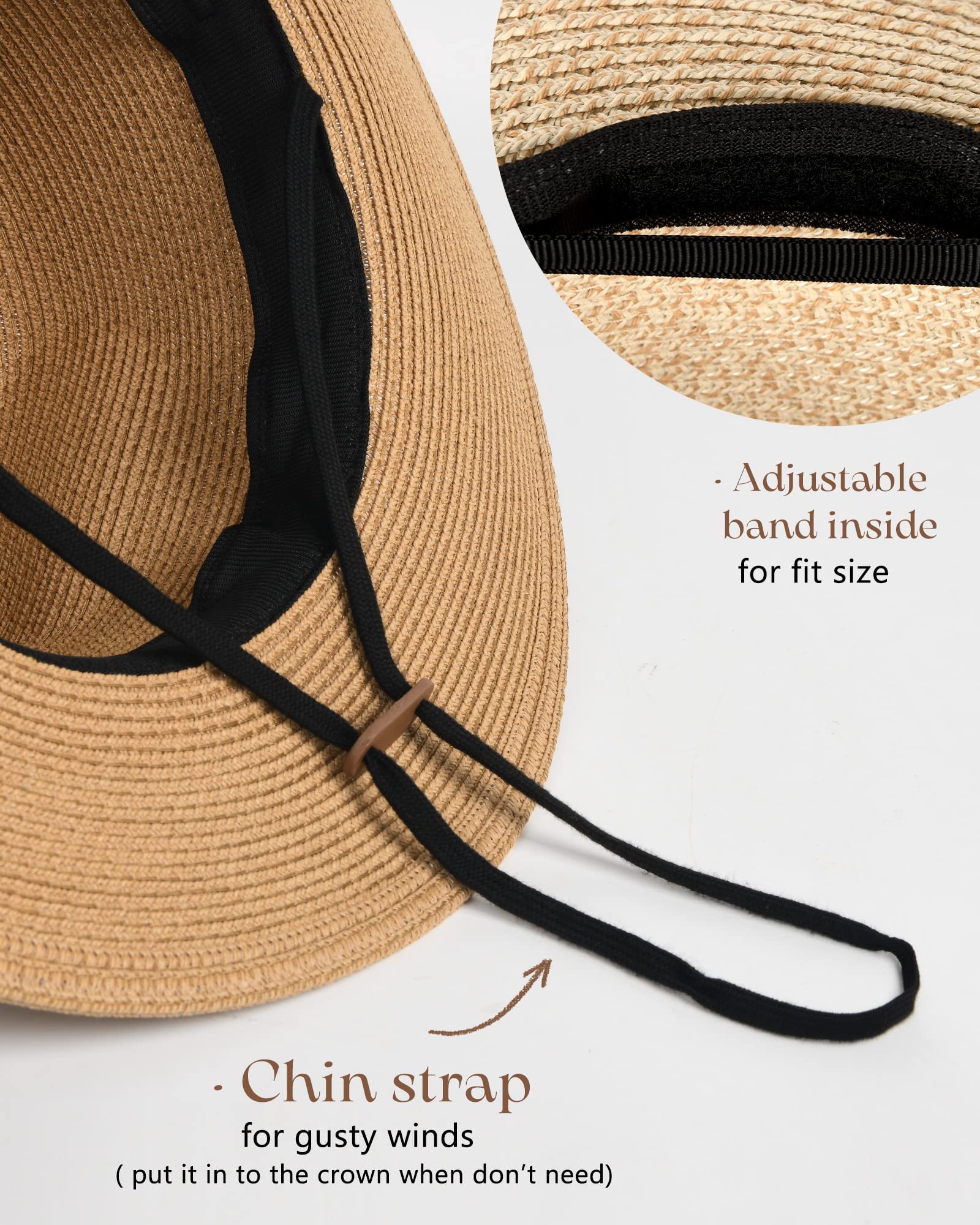 FURTALK Womens Mens Wide Brim Straw Panama Hat Fedora Summer Beach Sun Hat UPF Straw Hat for Women Khaki-Black 🍁 All In One Marketplace Canada