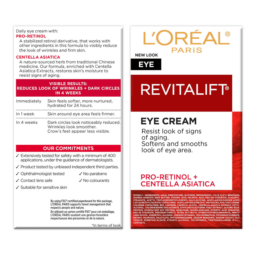 L’Oréal Paris Eye Cream with Pro-Retinol, Centella Asiatica, Resists Signs of Aging, Softens and Smooths Eye Area, Dark Circle under Eye Treatment, Revitalift, 15 mL 🍁 All In One Marketplace Canada