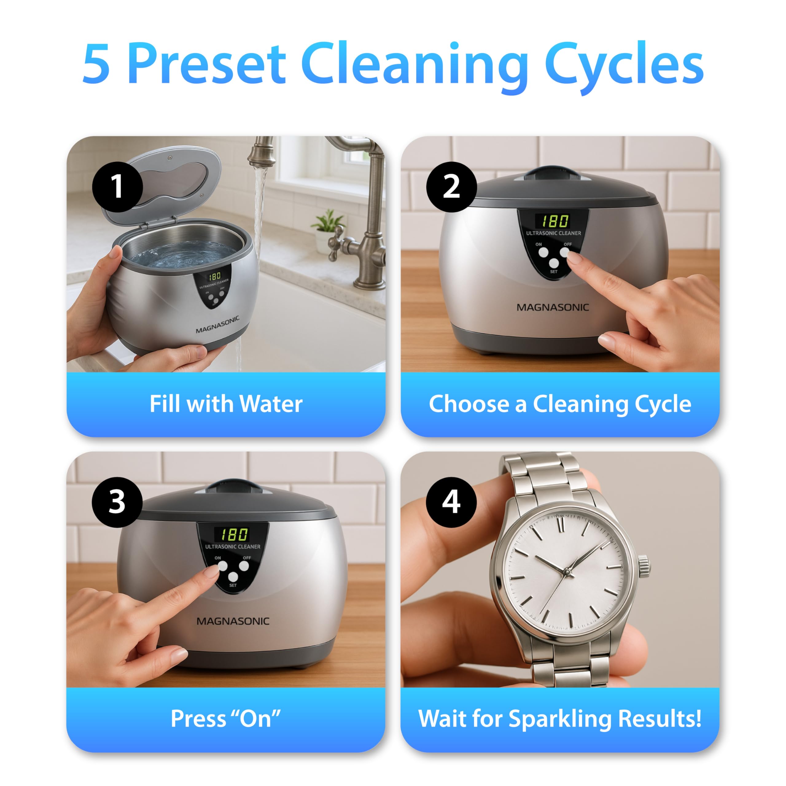 Magnasonic Ultrasonic Cleaner - 20oz Stainless Steel Tank, Digital Timer, 5 Cleaning Modes, Ultrasonic Jewelry Cleaner for All Jewelry, Eyeglasses, Watches, Dentures, Retainers & More 🍁 All In One Marketplace Canada