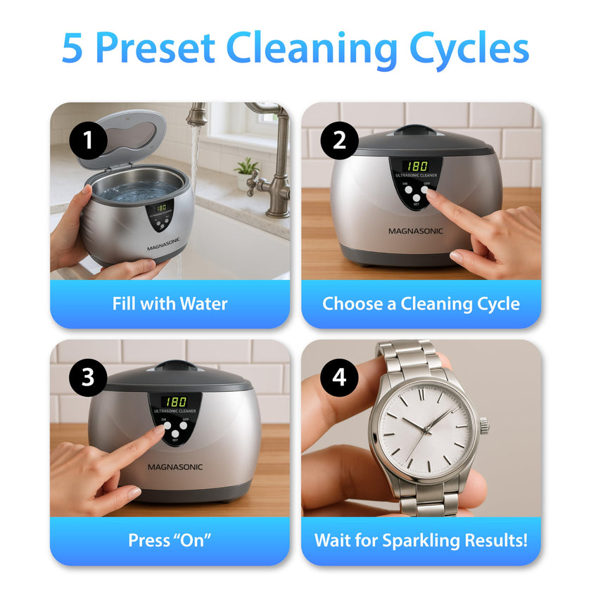 Magnasonic Ultrasonic Cleaner - 20oz Stainless Steel Tank, Digital Timer, 5 Cleaning Modes, Ultrasonic Jewelry Cleaner for All Jewelry, Eyeglasses, Watches, Dentures, Retainers & More 🍁 All In One Marketplace Canada