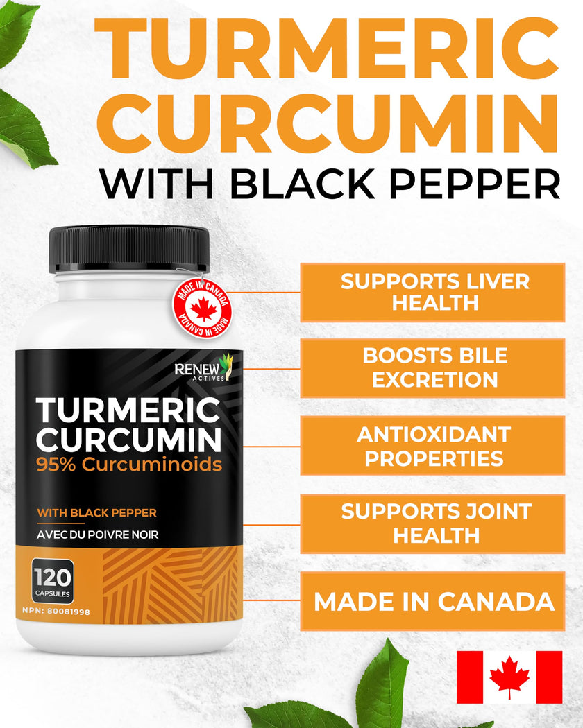 RENEW ACTIVES Turmeric Curcumin – Ultra Potent 95% Curcuminoids with BioPerine Black Pepper for Maximum Absorption – Supports Joint Health, Mobility, Digestion & Liver – Made in Canada – 120 Capsules 🍁 All In One Marketplace Canada