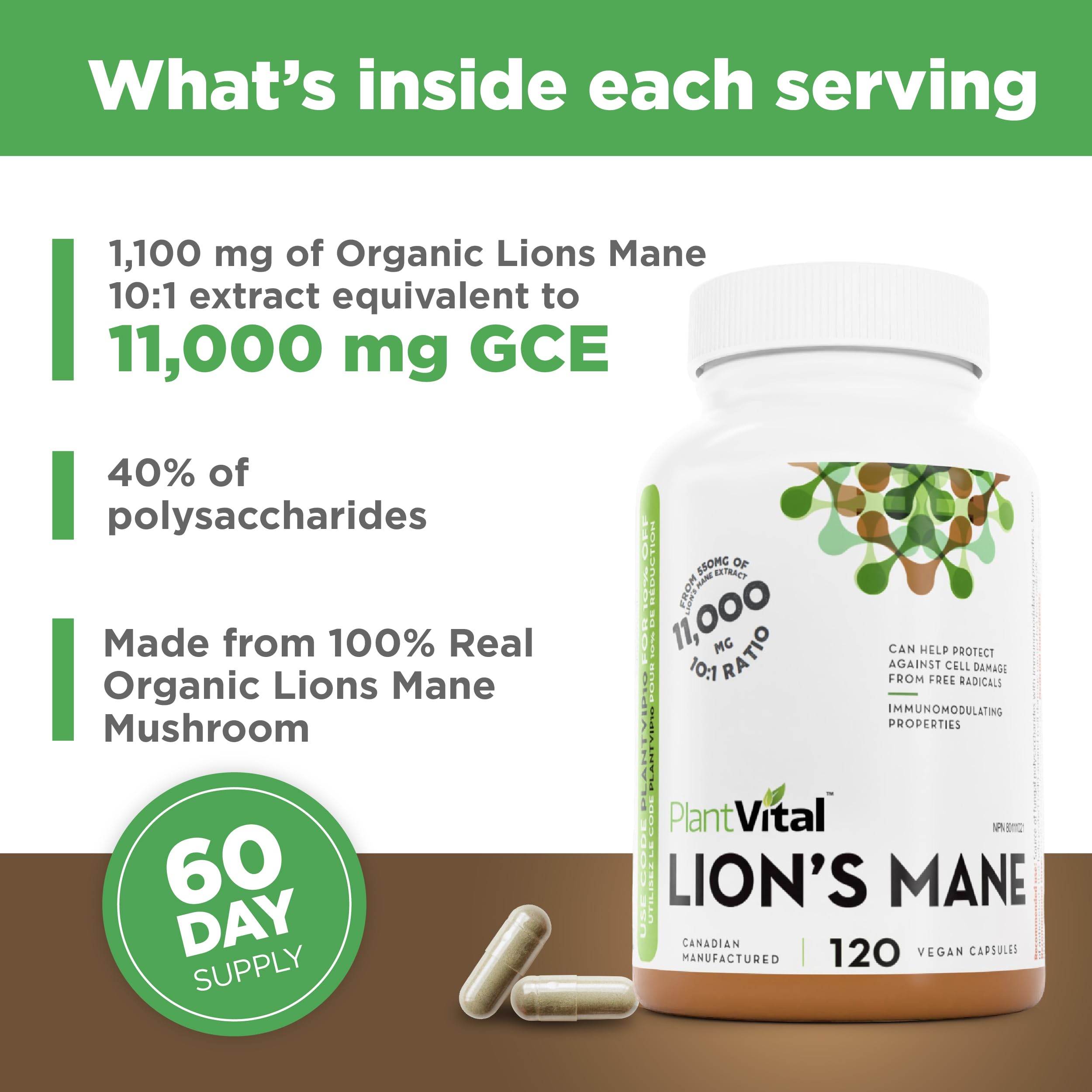 PlantVital Lions Mane - Made in Canada - Max Potency 11,000mg (10:1 Extract) - Organic Lion’s Mane Mushroom Supplements with 40% Polysaccharides - Supports Immune Health and Antioxidants -120 Capsules 🍁 All In One Marketplace Canada