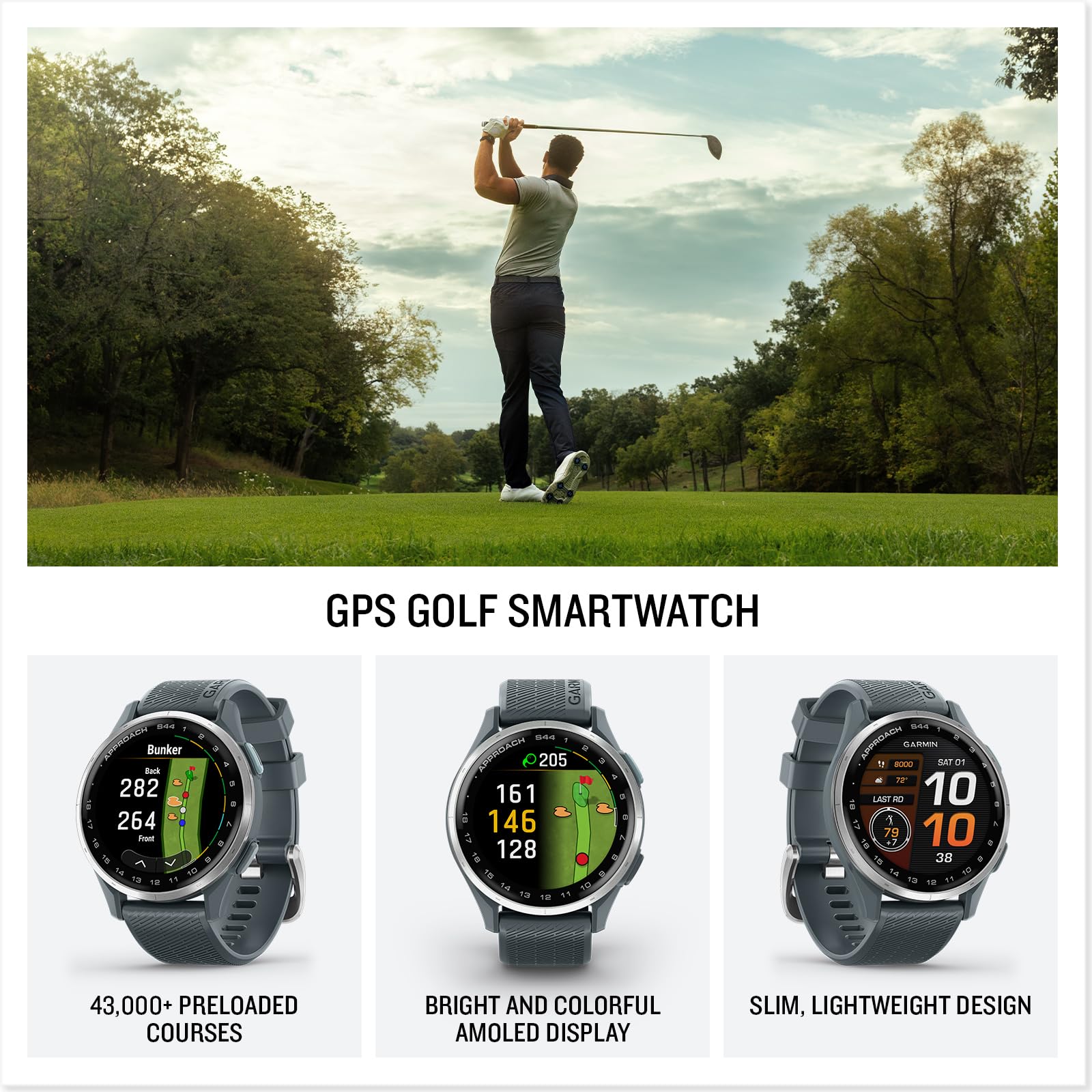 Garmin Approach S44, Essential Golf GPS Smartwatch, AMOLED Display, On-Course Features, Silver Aluminum Bezel with Twilight Silicone Band 🍁 All In One Marketplace Canada