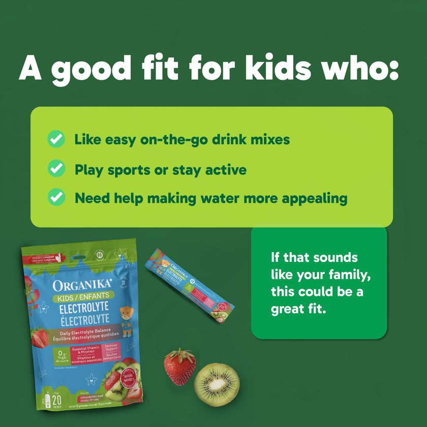 Organika Kids Electrolytes Powder Sticks - Sugar-Free Hydration + Immune support with 100% of daily Vitamin C, Minerals and Prebiotic Fibre | Strawberry Kiwi Flavour - 3.5g x 20 sachets 🍁 All In One Marketplace Canada