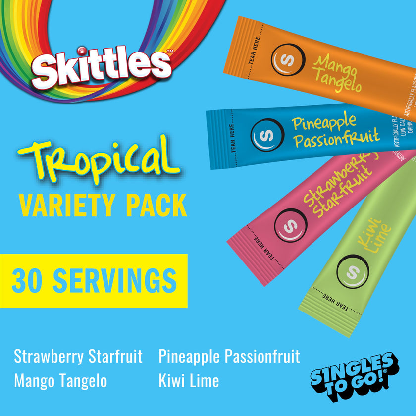 Skittles Singles To Go Tropical Flavors Variety Pack, Powdered Drink Mix, Includes 4 Flavors, Strawberry Starfruit, Mango Tangelo, Kiwi Lime, Pineapple Passionfruit, 1 Box (30 Single Servings) 🍁 All In One Marketplace Canada