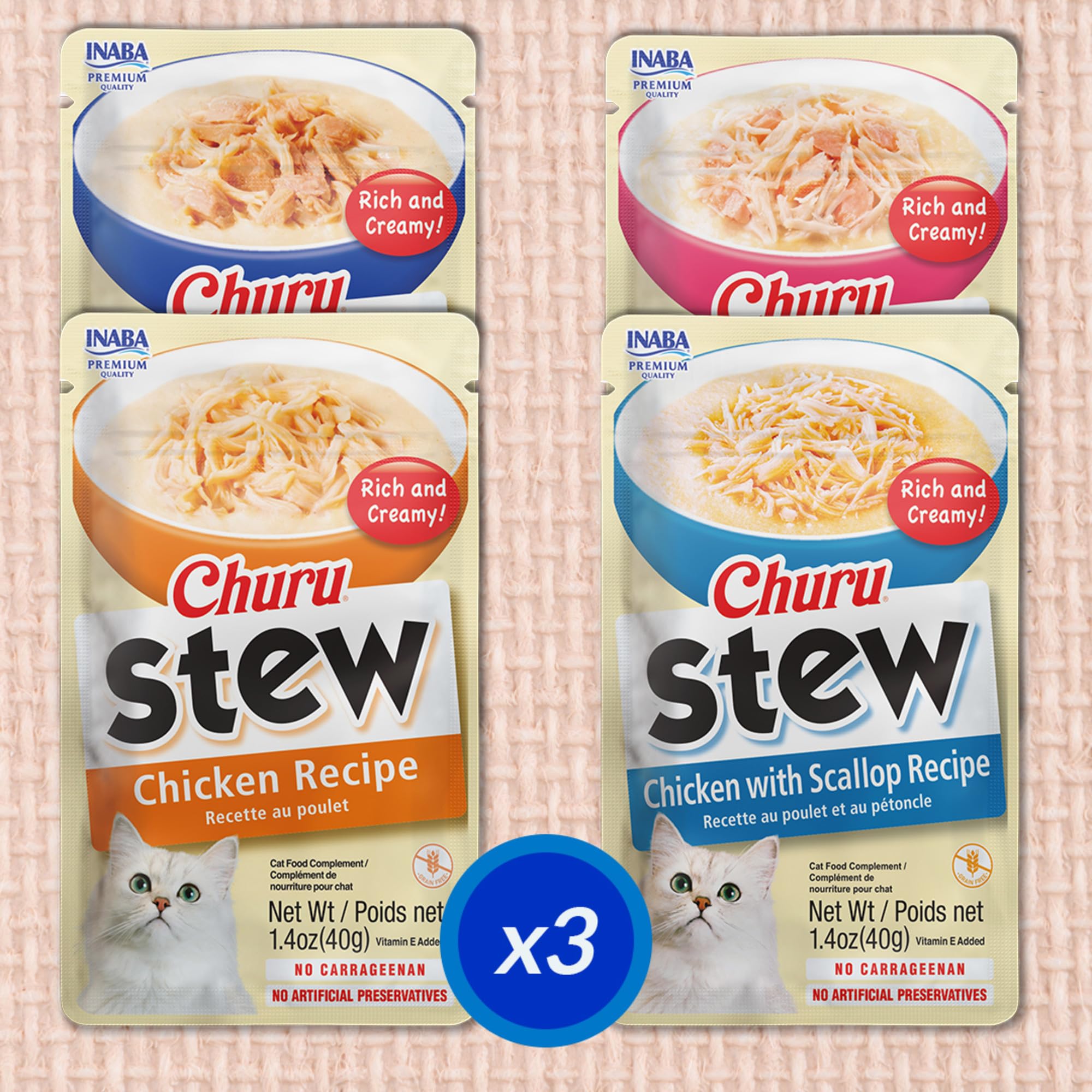 INABA Churu Stew for Cats, Side Dish Pouch with Vitamin E, 39 Grams per Pouch, 12 Pouches, Chicken & Seafood Variety 🍁 All In One Marketplace Canada