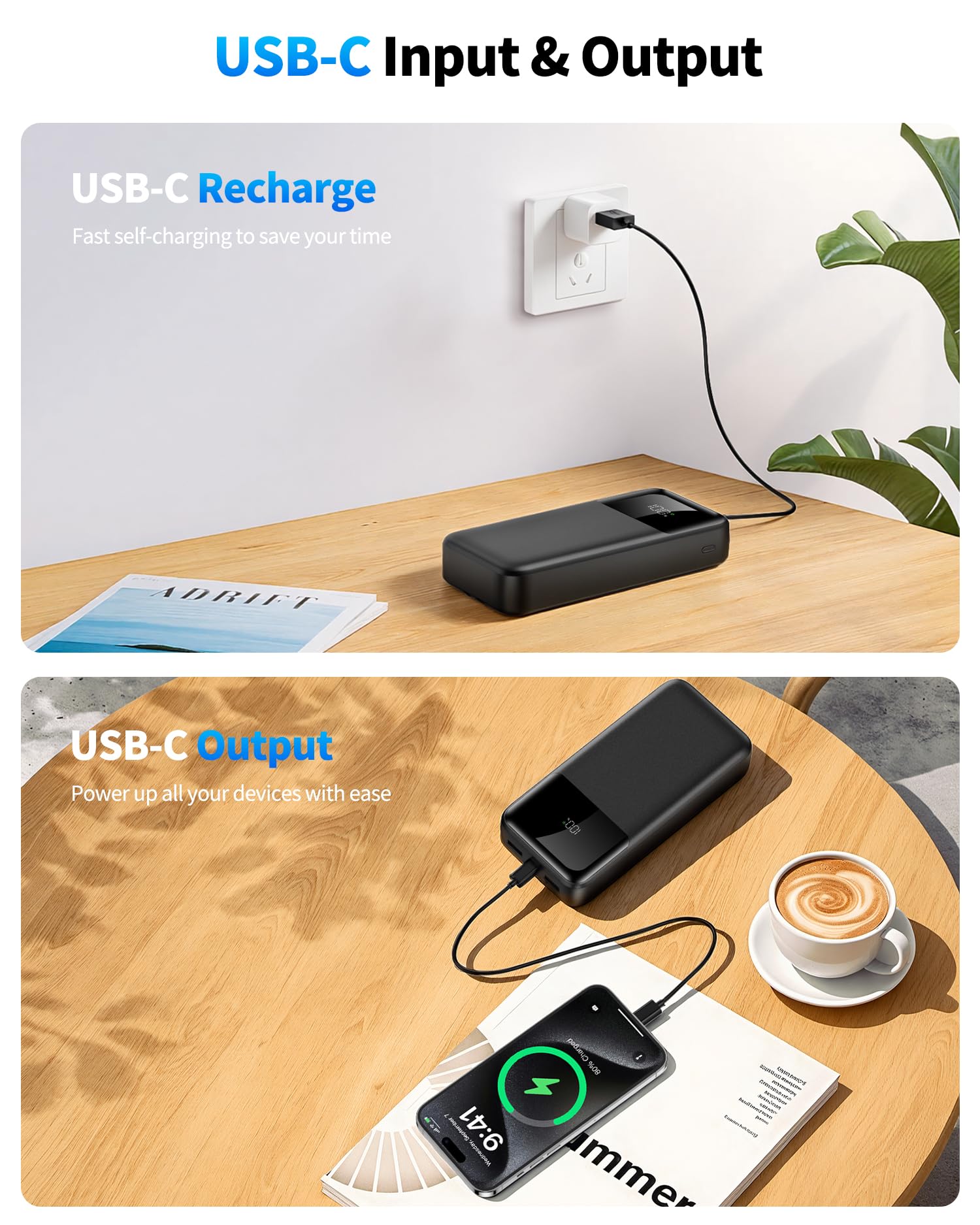 Power Bank Portable Charger 40000mAh, 22.5W Fast Charging, Built-in 2 Output Cable, Charge 5 Devices Simultaneously LCD Display for iPhone and Android Phones and Most Electronic Devices 🍁 All In One Marketplace Canada