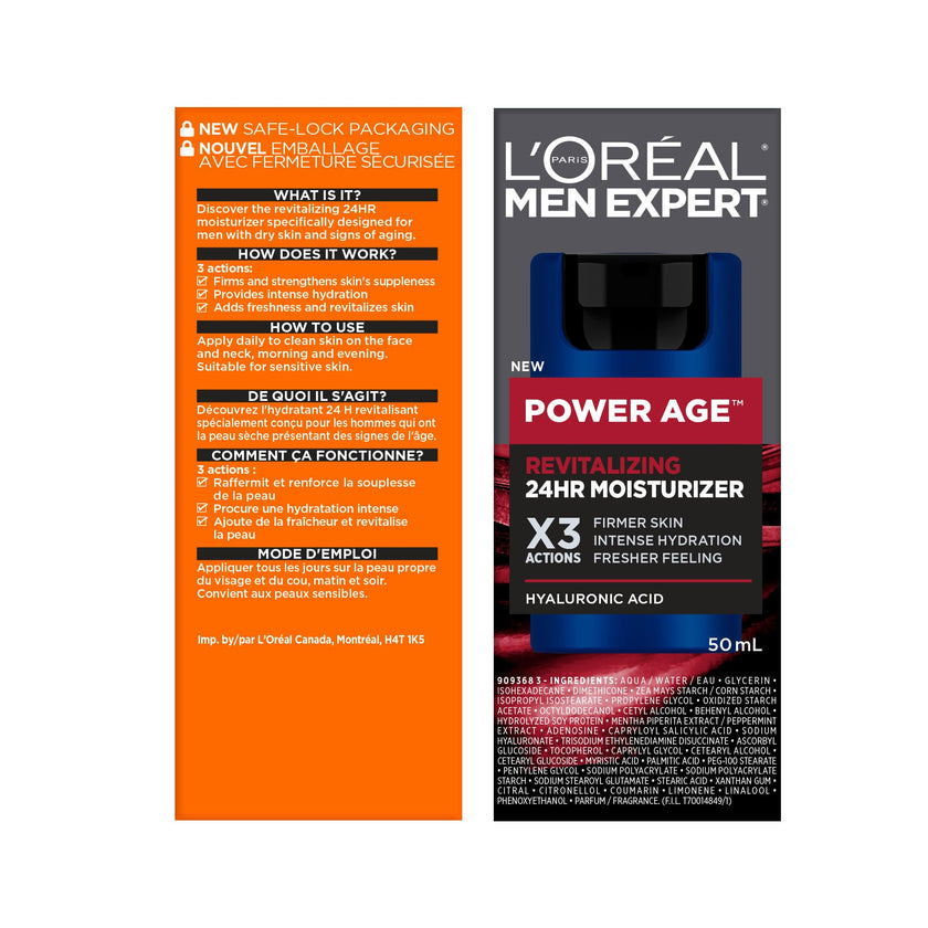 L'Oréal Paris Men Expert 24 HR Hydrating Moisturizer for Men with Hyaluronic Acid and Vitamins, Fights Signs of Aging, Power Age, Packaging May Vary, 50 mL 🍁 All In One Marketplace Canada
