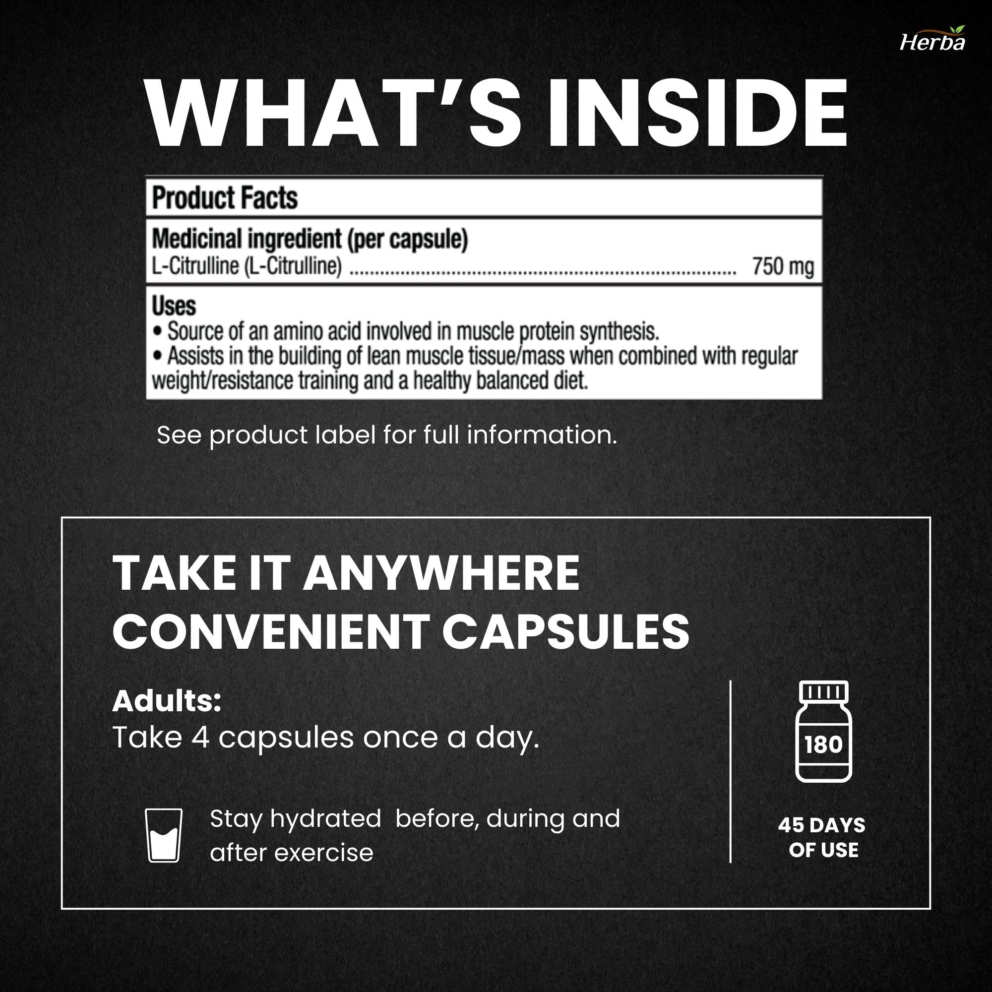 Herba L-Citrulline Capsules 750mg – 180 Capsules | 3,000mg Per Serving | Ultra Pure >98% | L Citrulline Nitric Oxide Supplement | Made & 3rd Party Tested in Canada 🍁 All In One Marketplace Canada