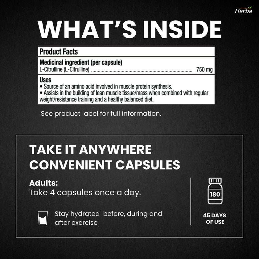 Herba L-Citrulline Capsules 750mg – 180 Capsules | 3,000mg Per Serving | Ultra Pure >98% | L Citrulline Nitric Oxide Supplement | Made & 3rd Party Tested in Canada 🍁 All In One Marketplace Canada