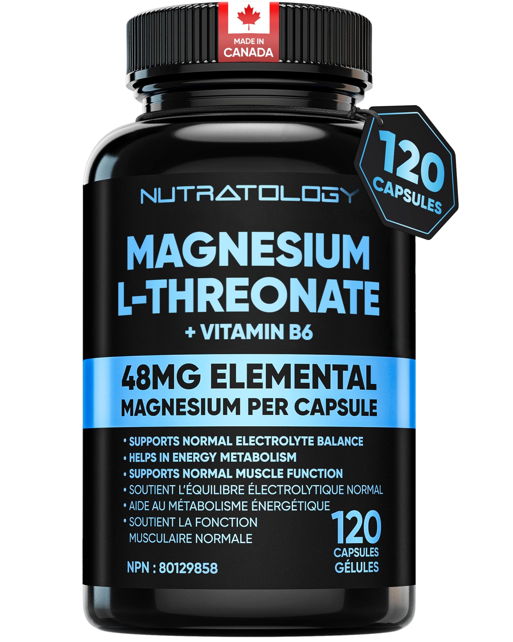 Nutratology® Magnesium L-Threonate + Vitamin B6 | Canadian-Made | Formulated To Help Support Heart & Muscle Function - Balances Electrolytes, Supports Energy Metabolism & Tissue Formation - 120 Count 🍁 All In One Marketplace Canada