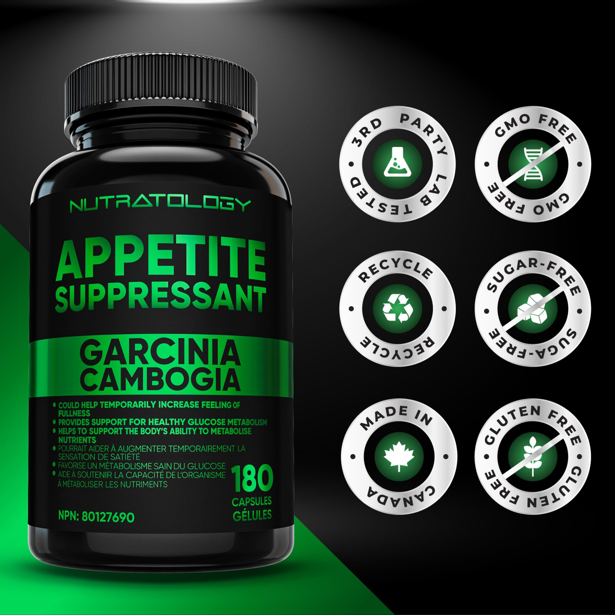 Nutratology® Garcinia Cambogia Appetite Suppressant Weight Loss For Women & Men | Canadian-Made | 500 MG Per Capsule | 60% HCA - Increase Feelings of Fullness & Maintain Blood Sugar Levels - 180 Count 🍁 All In One Marketplace Canada