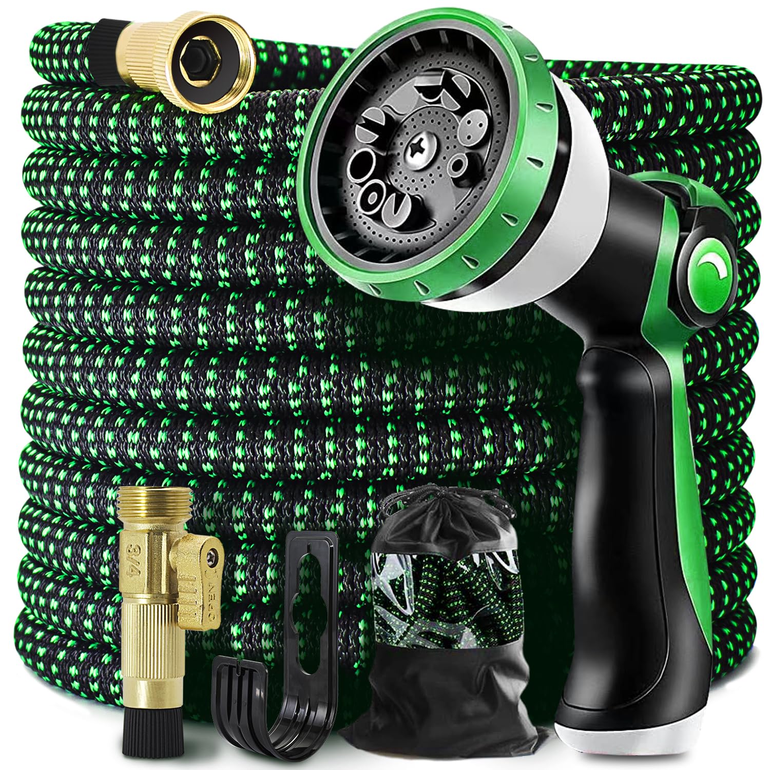 Expandable Garden Hose 100ft Flexible Water Hose, 10 Function Sprayer Nozzle, 3/4 Inch Solid Metal Fittings Lawn Yard Garden Outdoor Hose(Black and Green) 🍁 All In One Marketplace Canada