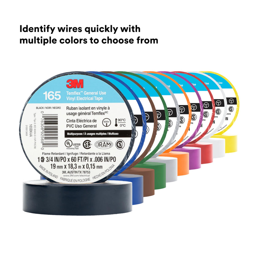 3M Temflex 165, Vinyl Colour Coding Electrical Tape, Black, 3/4in x 60ft, 10 Rolls 🍁 All In One Marketplace Canada