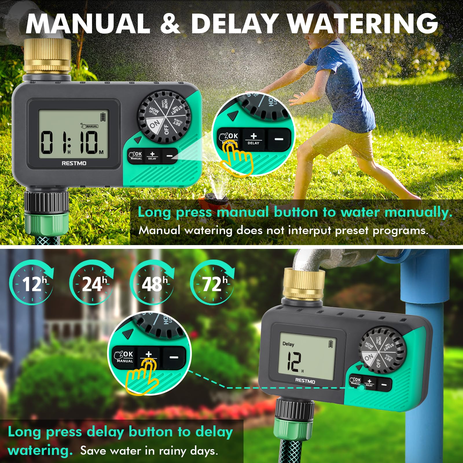 RESTMO Water Timer for Garden Hose, Programmable Sprinkler Timer with Brass Inlet, Rain Delay/Manual ON/Off/Automatic Irrigation Control, Hose Timer for Outdoor Faucet, Yard and Lawn Watering System 🍁 All In One Marketplace Canada