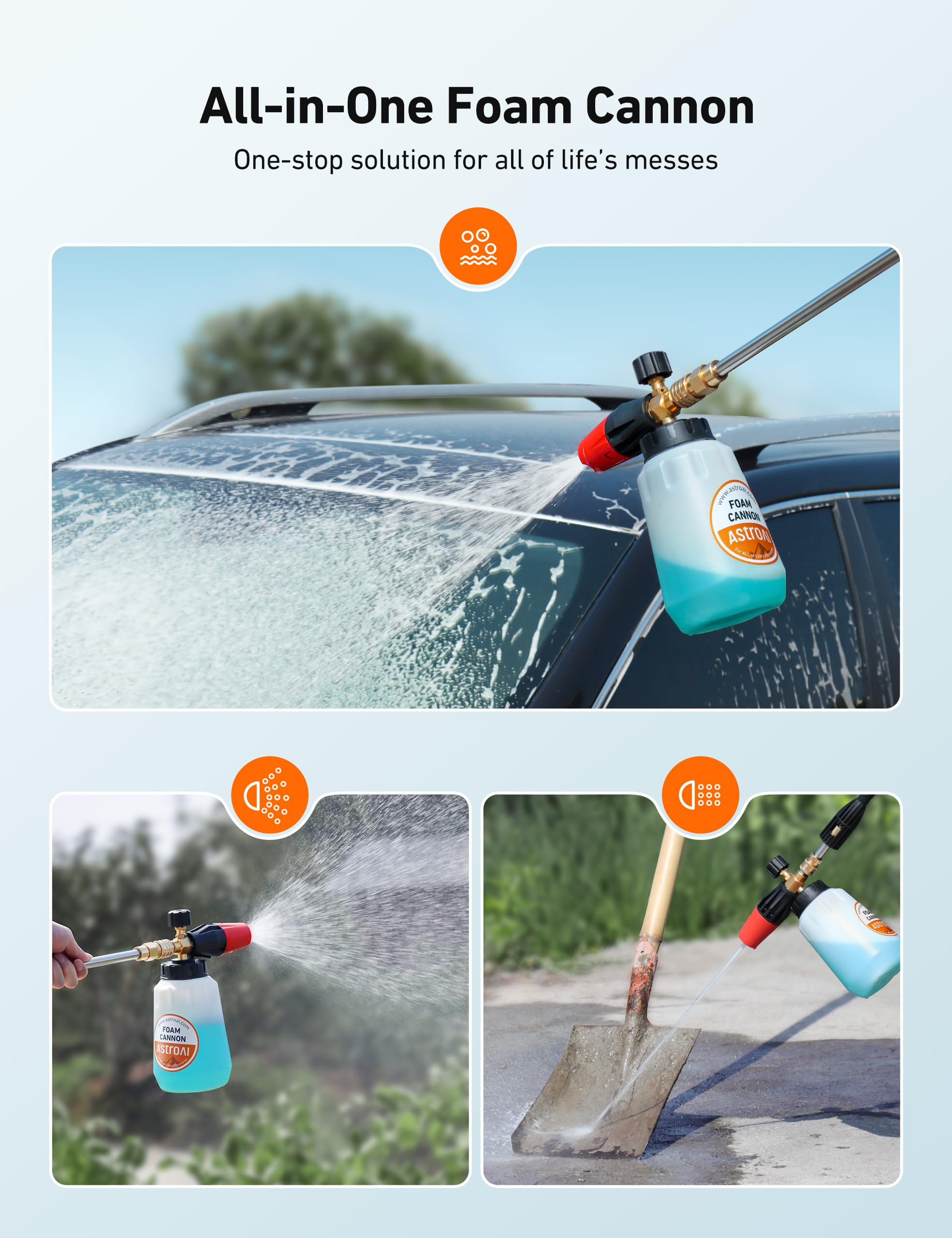 AstroAI Foam Cannon, Heavy Duty Car Foam Blaster Wide Neck Adjustable Snow Foam Lance and Thick Foam for Pressure Washer 1/4