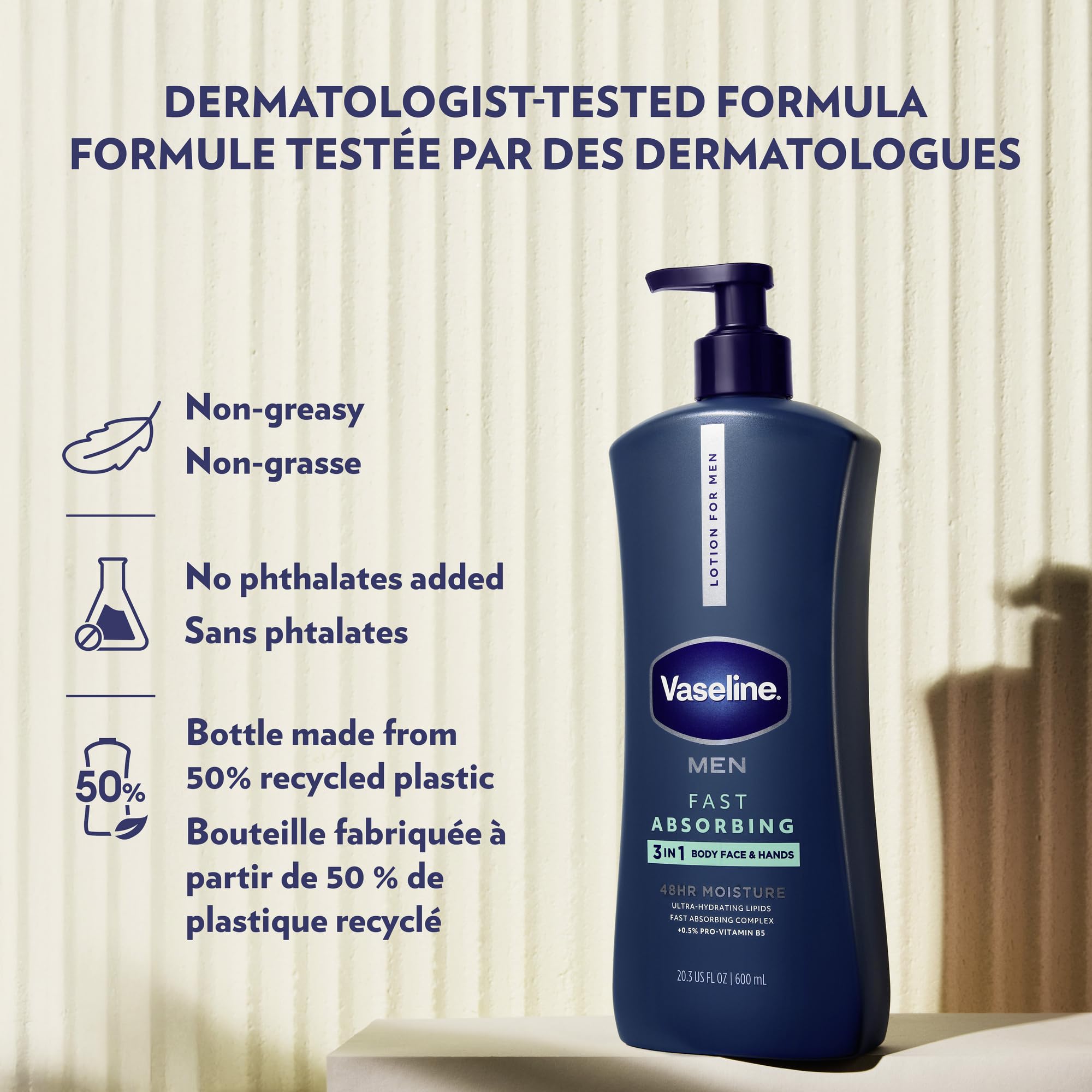 Vaseline Men 3 in 1 Body, Face & Hands Lotion 48 H Dry skin moisturizer, Fast Absorbing with Ultra hydrating lipids, 600 ml (3-pack) 🍁 All In One Marketplace Canada
