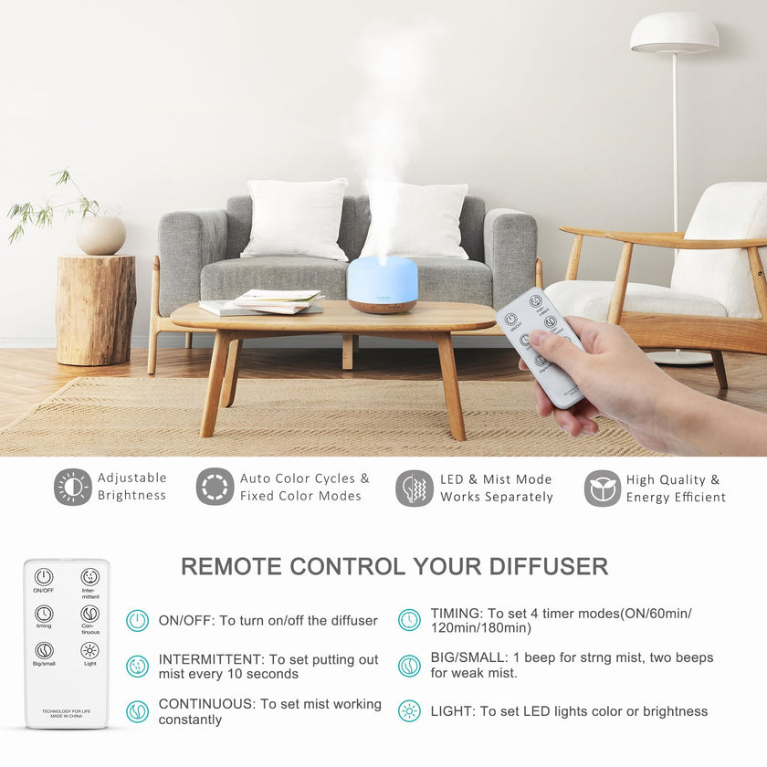 ASAKUKI 500ml Essential Oil Diffuser, 5 in 1 Premium Ultrasonic Aromatherapy Fragrant Oil Vaporizer Humidifier with Remote Control, 3 Timer and Auto-Off Safety Switch, 7 LED Light Colors 🍁 All In One Marketplace Canada
