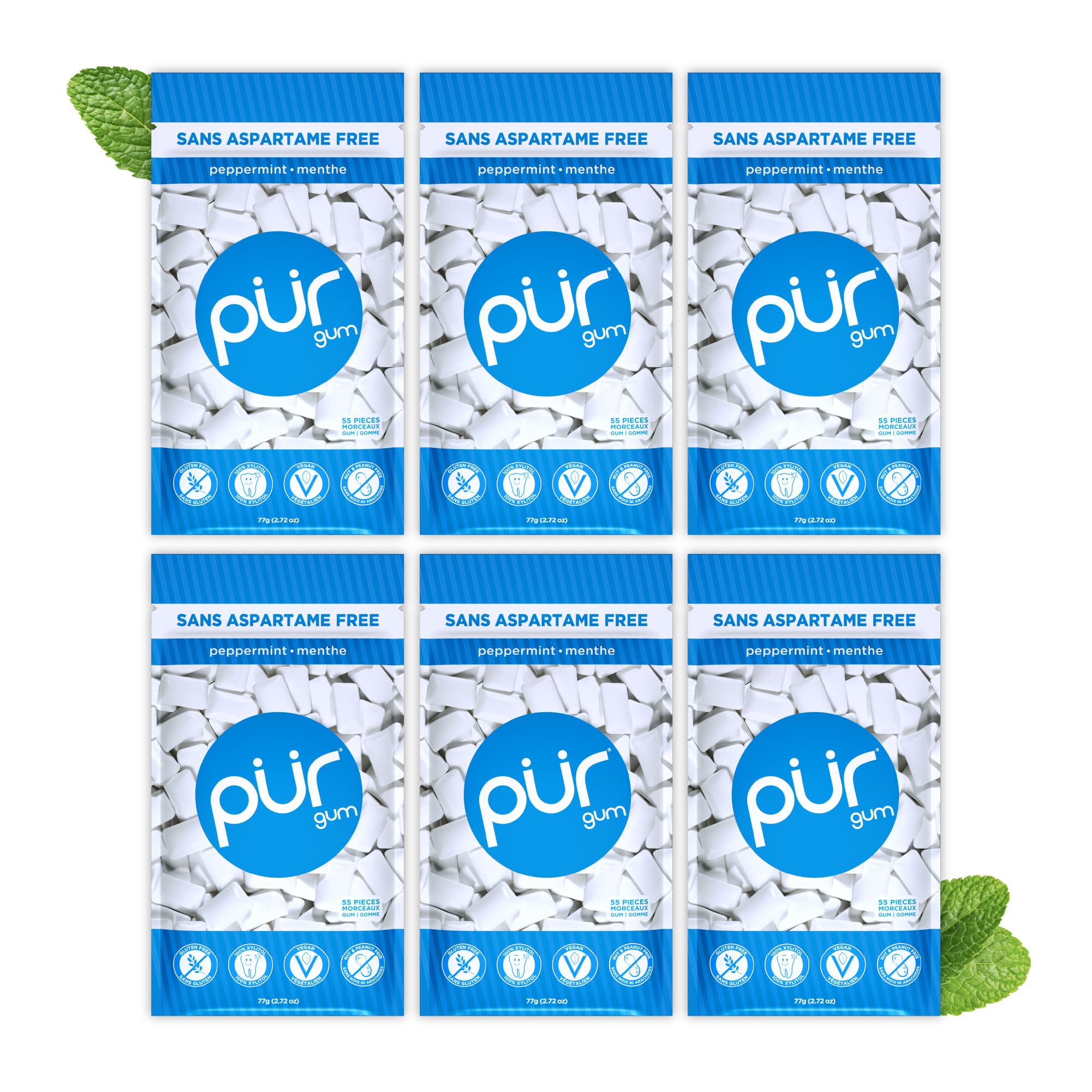 PUR Gum | Aspartame Free Chewing Gum | 100% Xylitol | Natural Peppermint Flavoured Gum, 55 Pieces (Pack of 6) 🍁 All In One Marketplace Canada