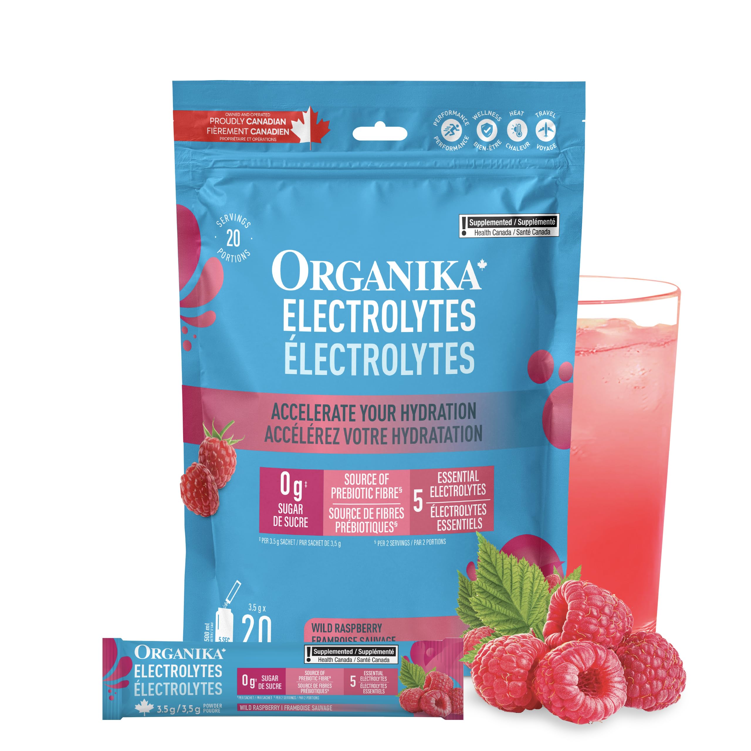 Organika Canadian-Made Electrolytes Powder with Vitamin C & Prebiotic Fibre - Sugar-Free Hydration Drink Mix - Wild Raspberry - 20 Single-Serve Sachets x 3.5g 🍁 All In One Marketplace Canada